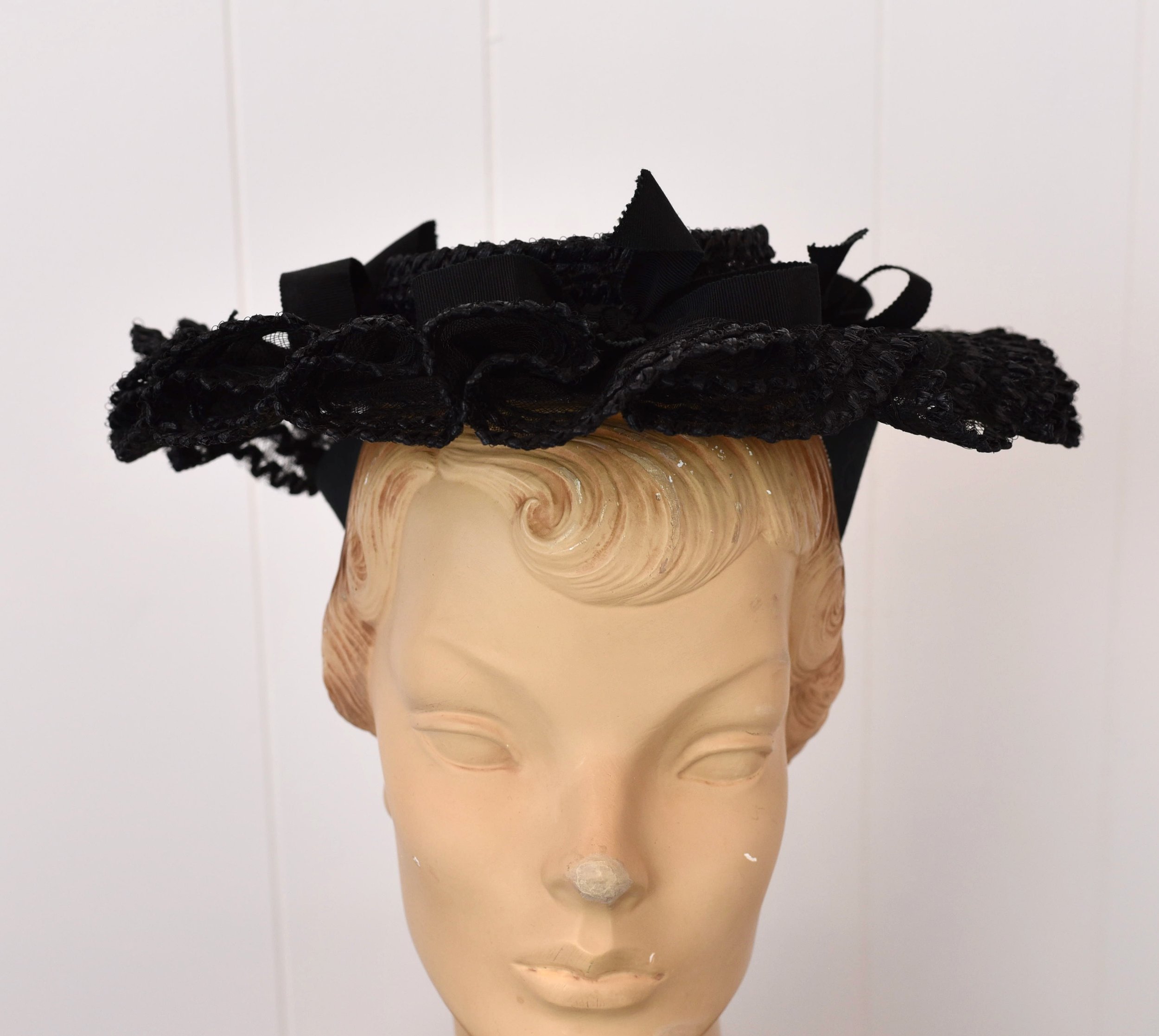 1940s Black Ribbon Bow Straw Tulle New York Creation Pinup 