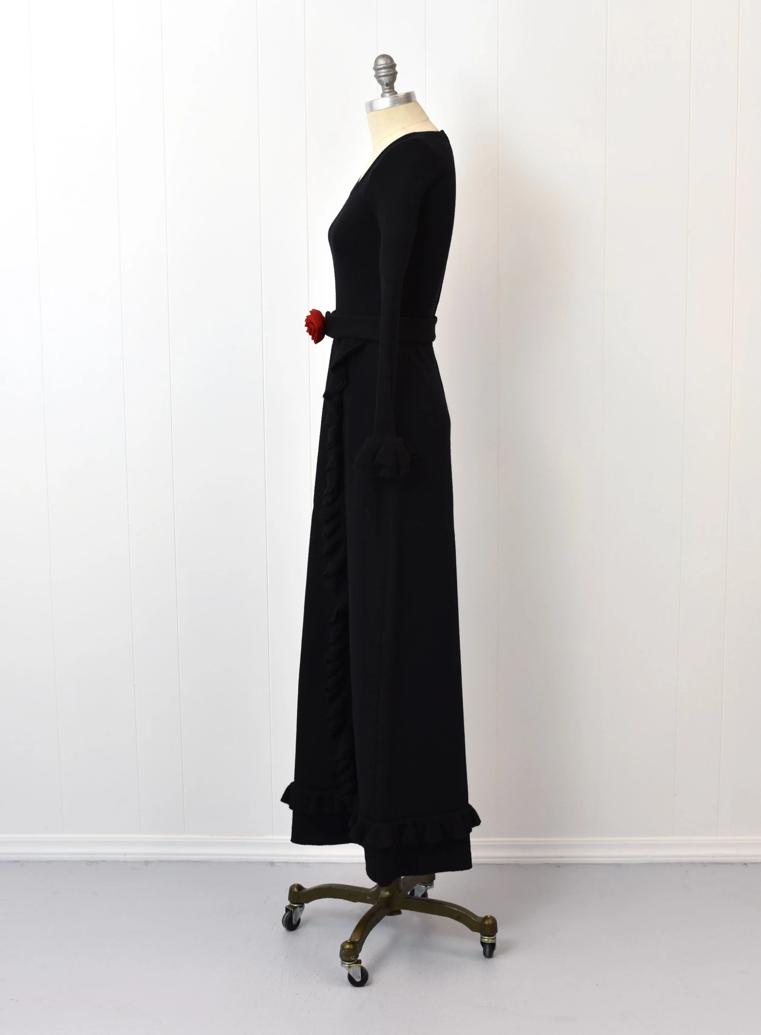 1980s I. Magnin Black Wool Fitted Ruffle Maxi Dress Gown with Red