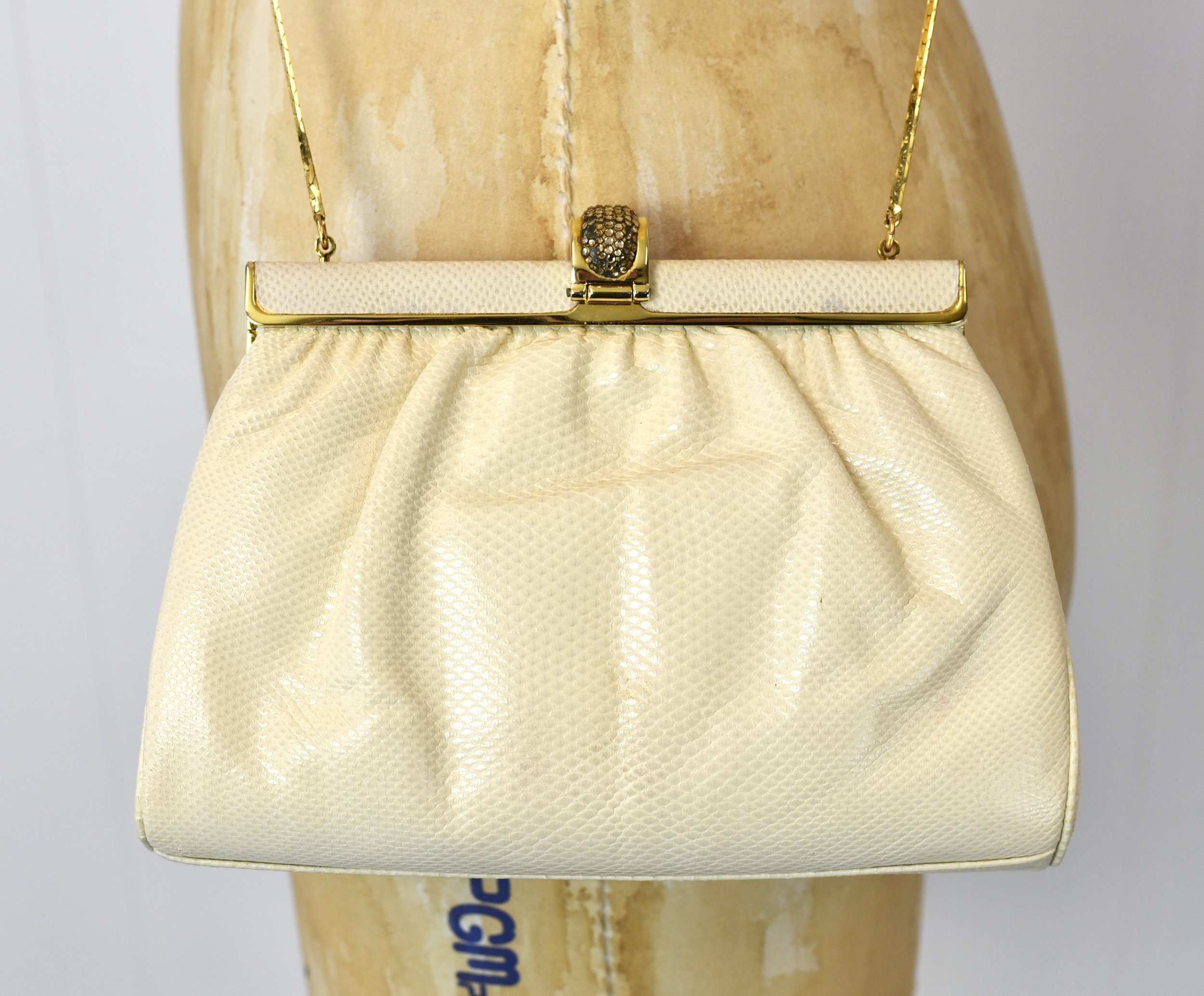 1980s Ivory Rhinestone Snakeskin Finesse La Model Handbag Purse with Chain  — Canned Ham Vintage