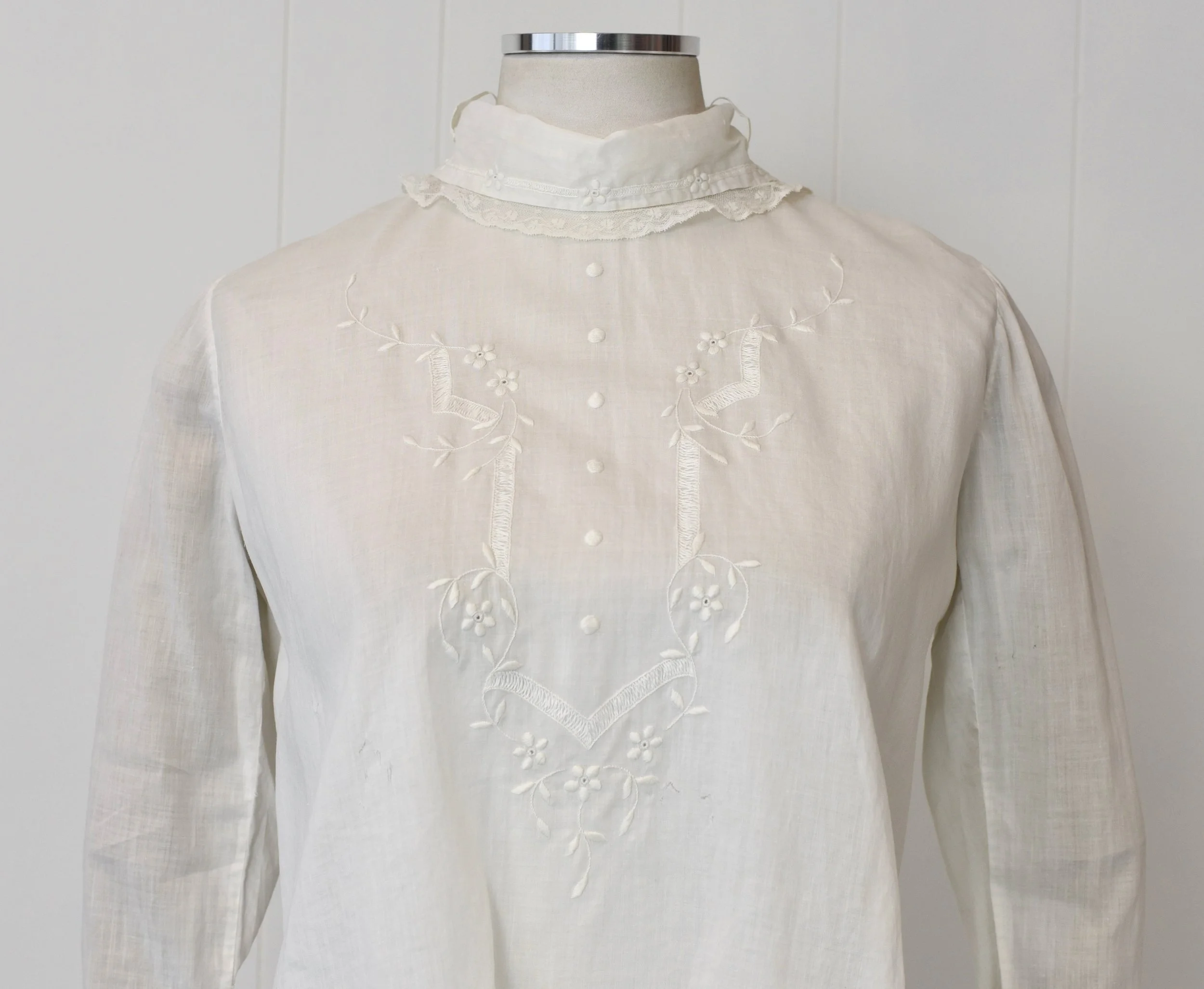 Antique 1900s White Floral Embroidered Lace Cotton Blouse Shirt 