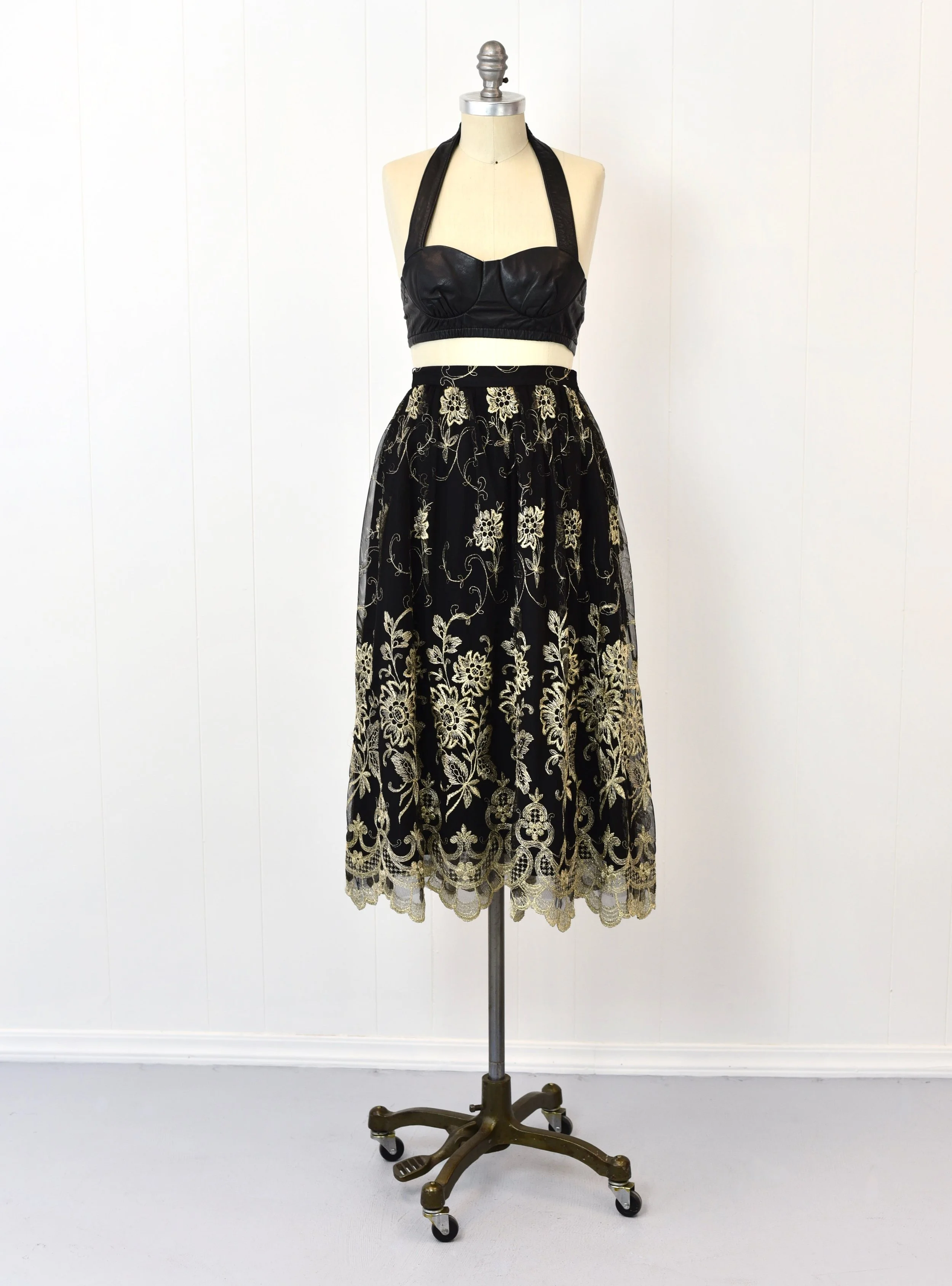 1980s Black Metallic Floral Tulle Charles Glueck New York Maxi 