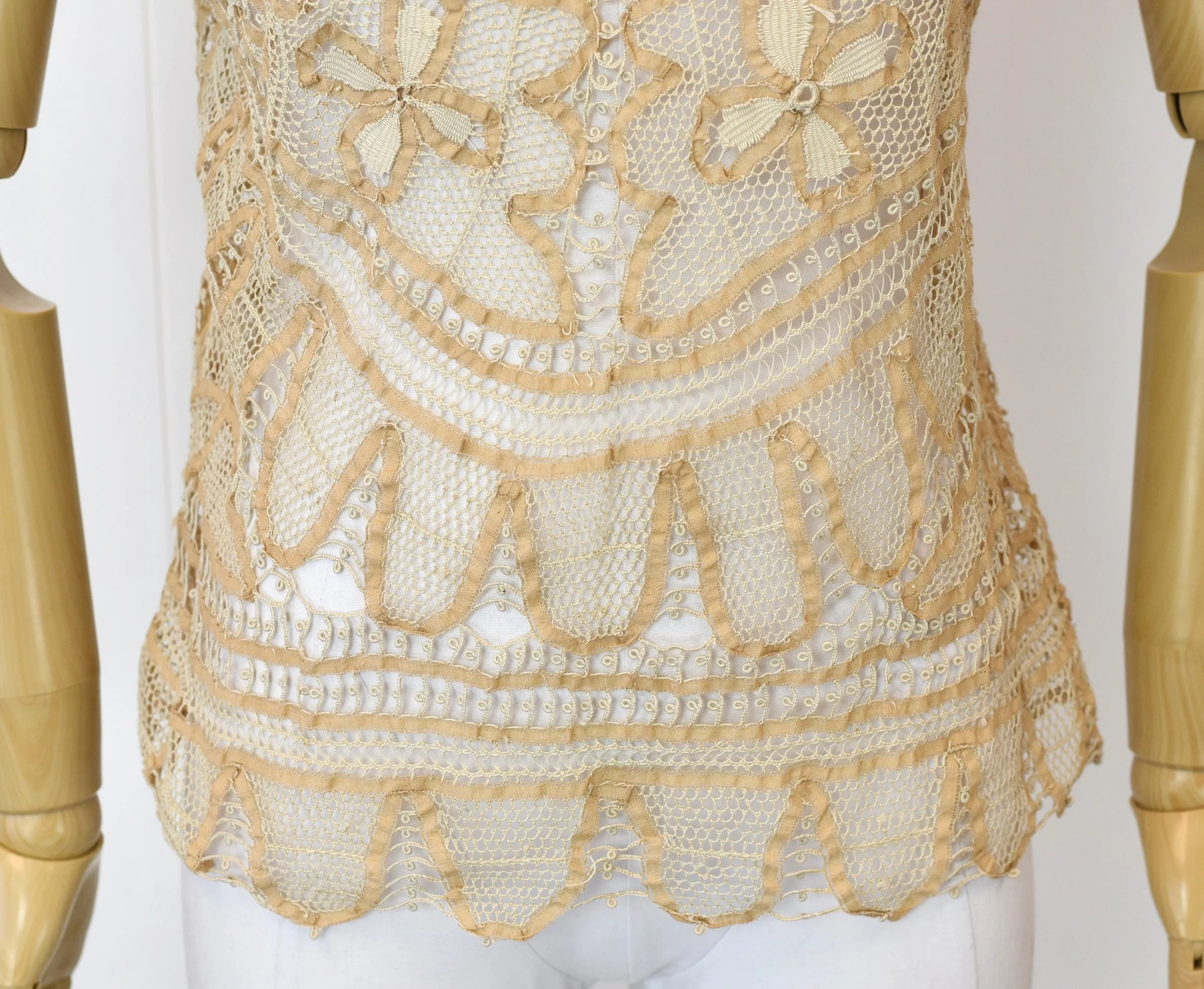 Antique 1900s 1920s Tatted Lace Crochet Floral Ivory Tan Blouse 