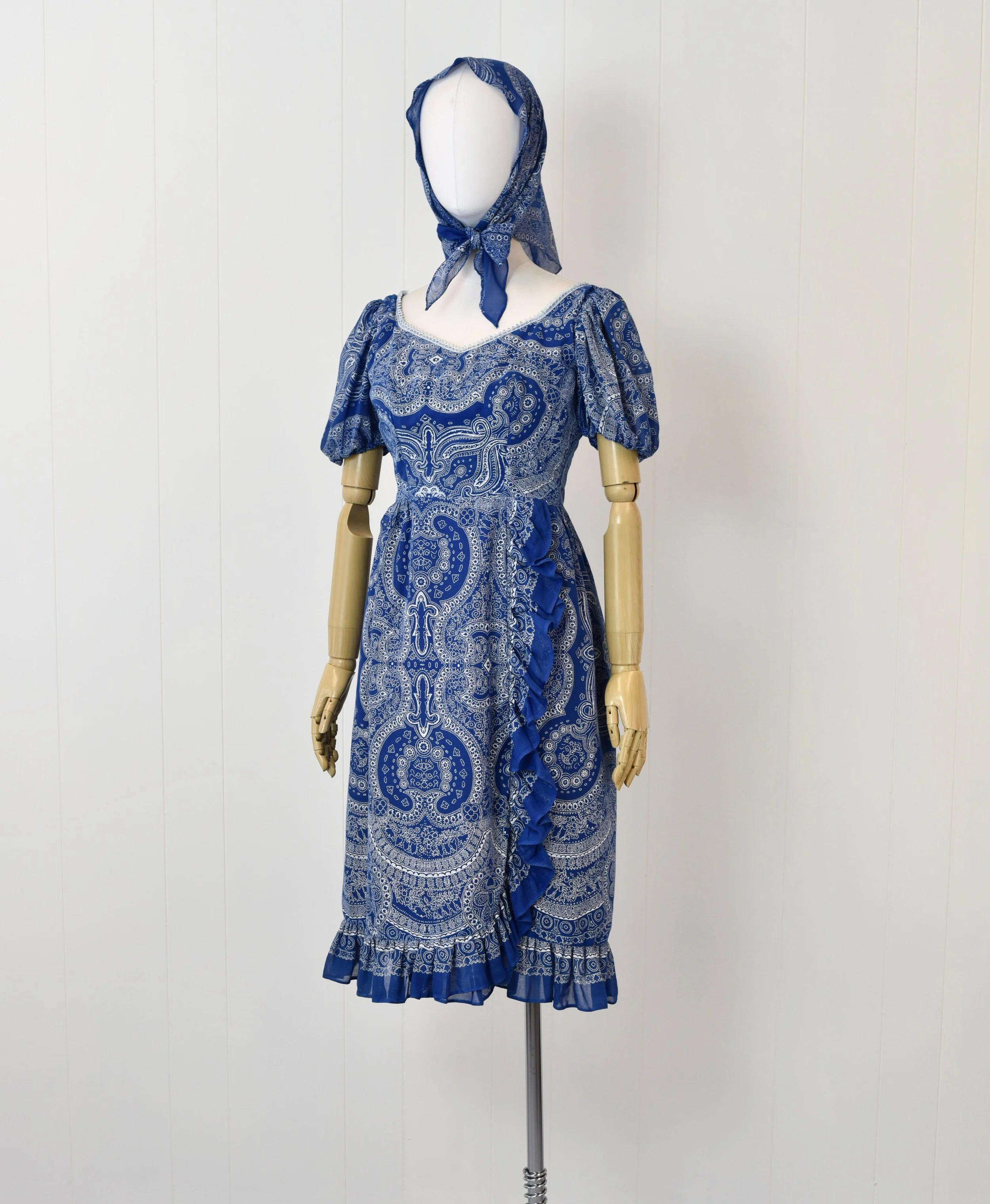 1970s Blue Bandana Print Puff Sleeve Dress with Matching Head