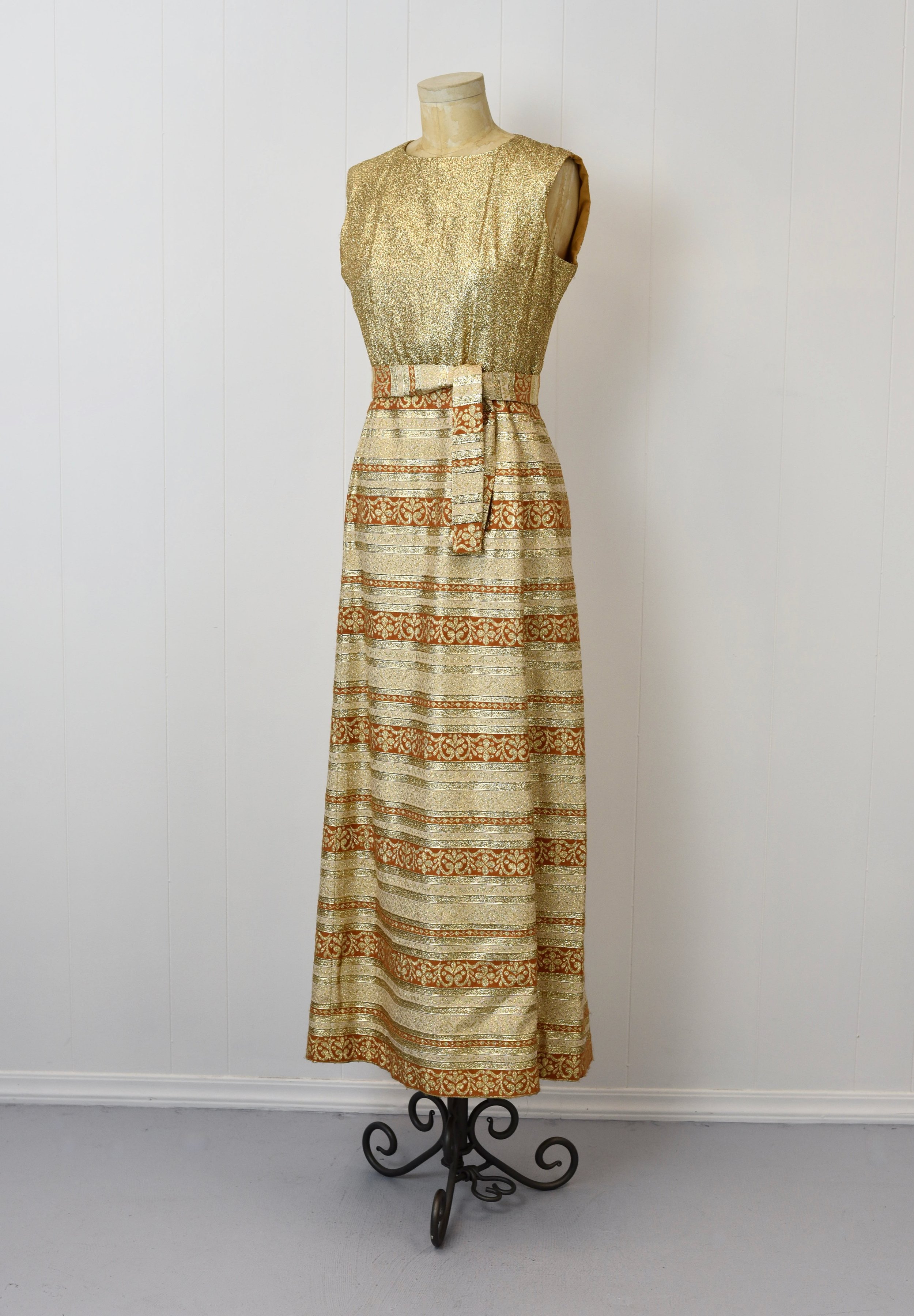 60s gold dress Vintage 60s Gold Prom Dress With Sparkly Skirt and Cute Waist Detail Size S  XS 26" Waist