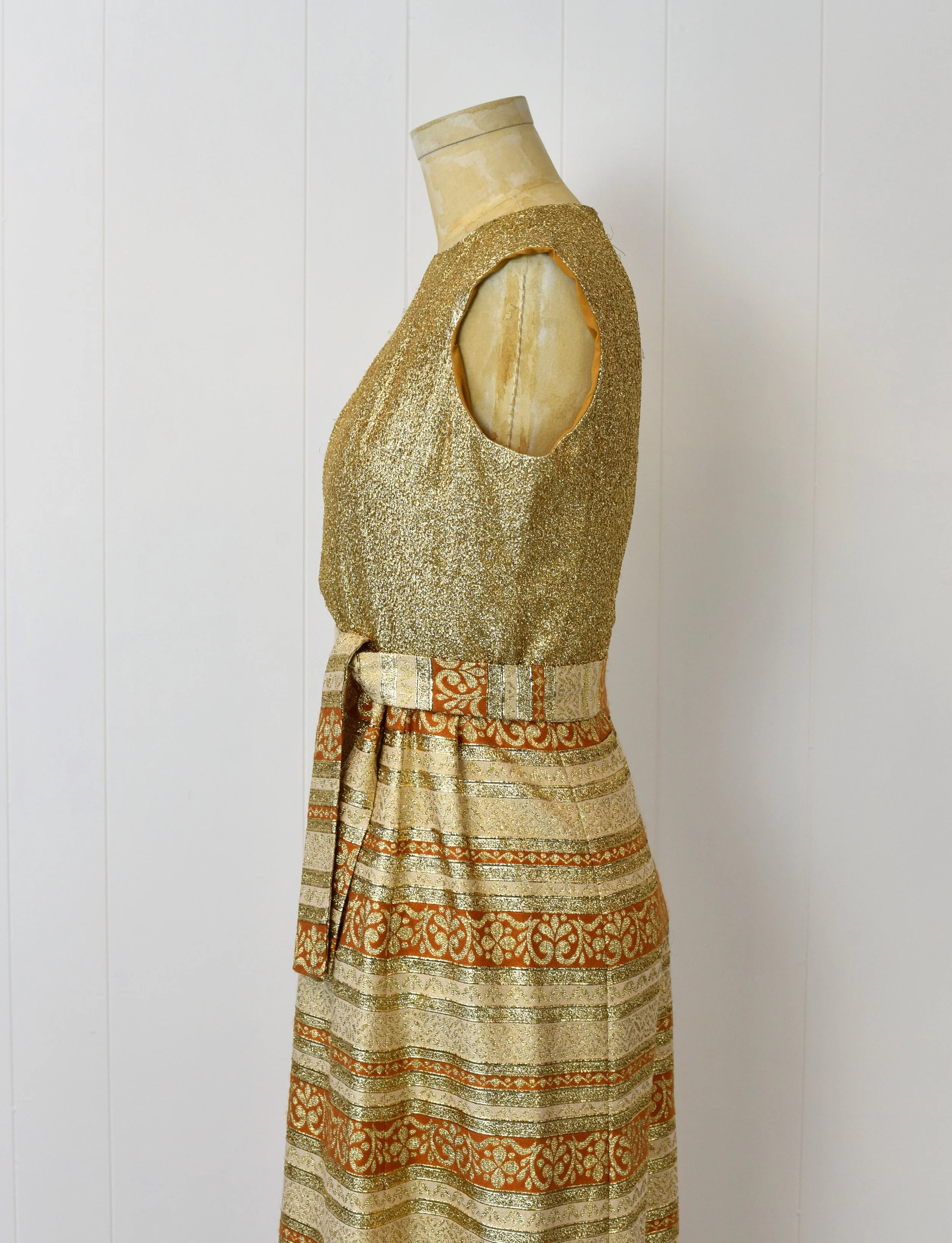 1960s Gold Metallic Brocade Party Gown Maxi Dress  Canned Ham Vintage