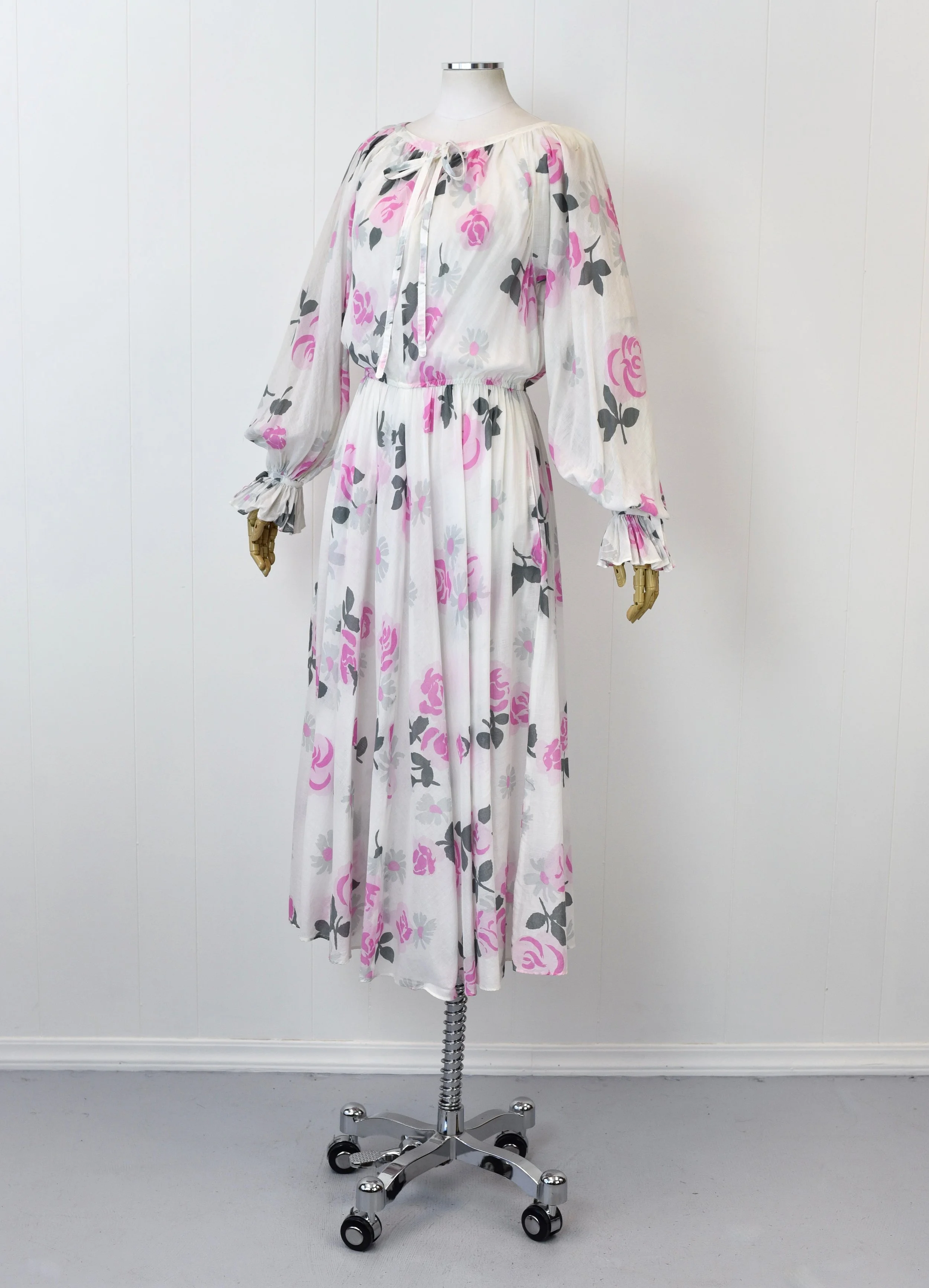 1980s Pink Rose Albert Nipon Floral Cotton Maxi Sun Dress Gown  Canned Ham  Vintage