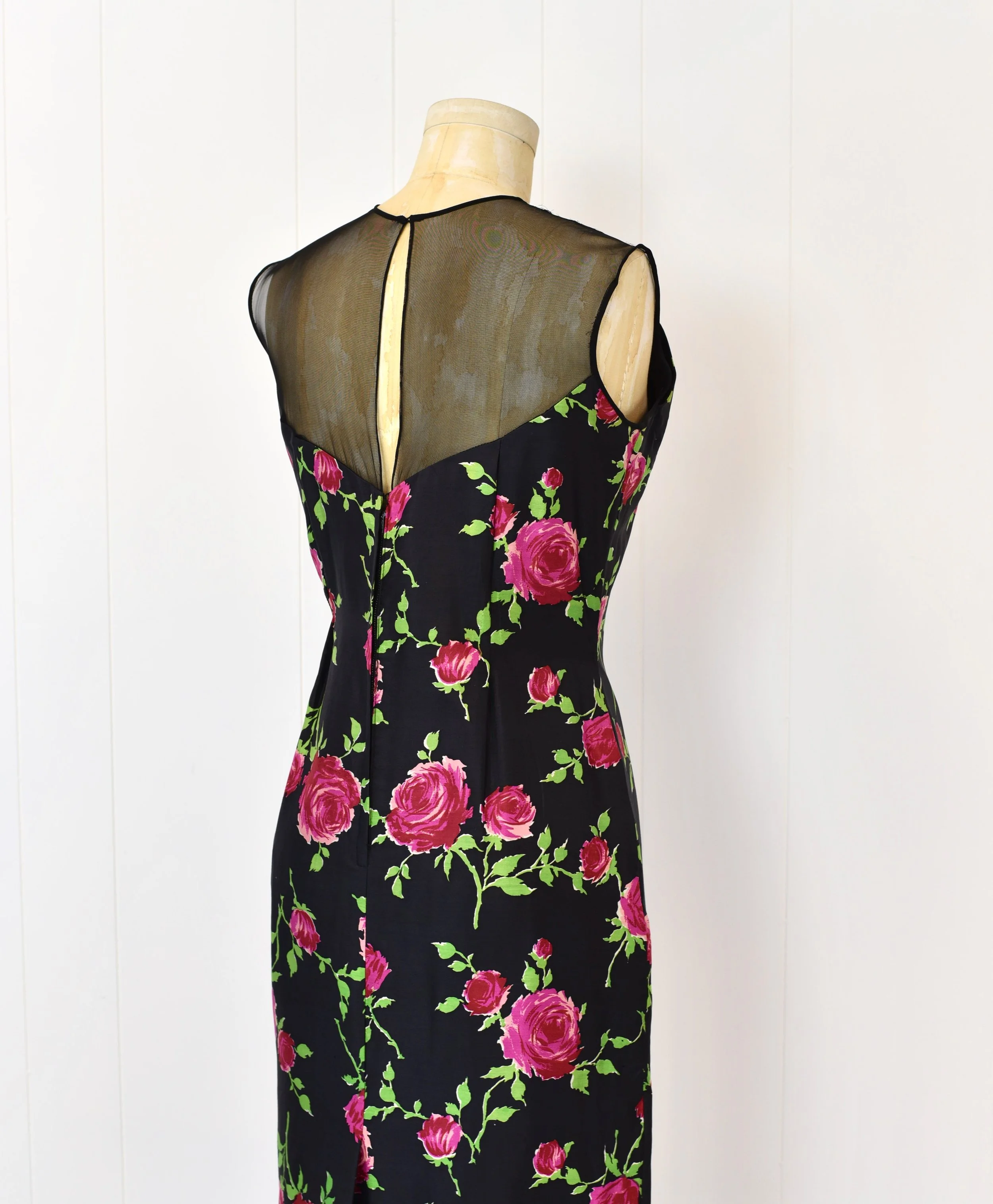 1950s/1960s Pink Magenta Rose Print Black Cocktail Wiggle Pinup Party Dress   Canned Ham Vintage