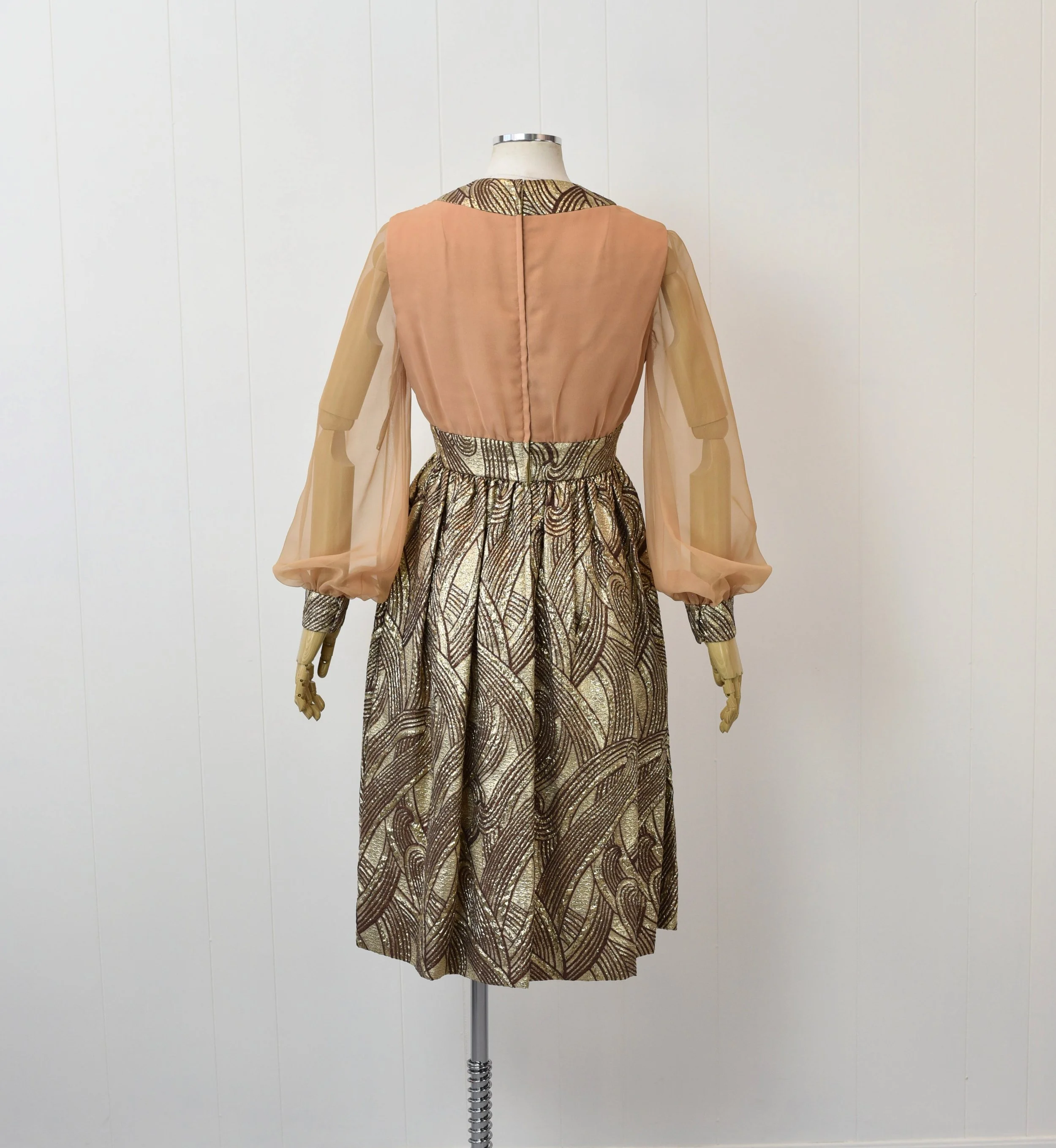 1960s Gold Metallic Brocade Party Dress with Sheer Balloon Sleeves Modern Couture Original Canned Ham Vintage 1960s Gold Metallic Brocade Party Dress with Sheer Balloon Sleeves Modern Couture Original Canned Ham Vintage