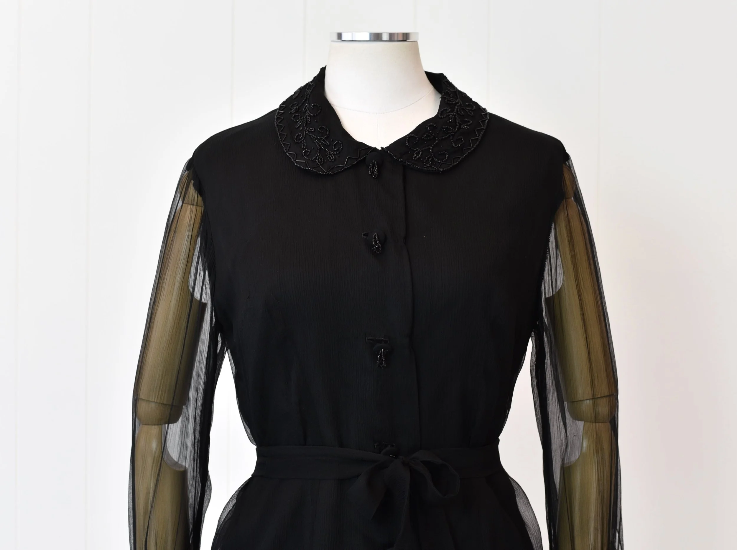 1980s Black Beaded Sheer Silk Shirt Dress  Canned Ham Vintage
