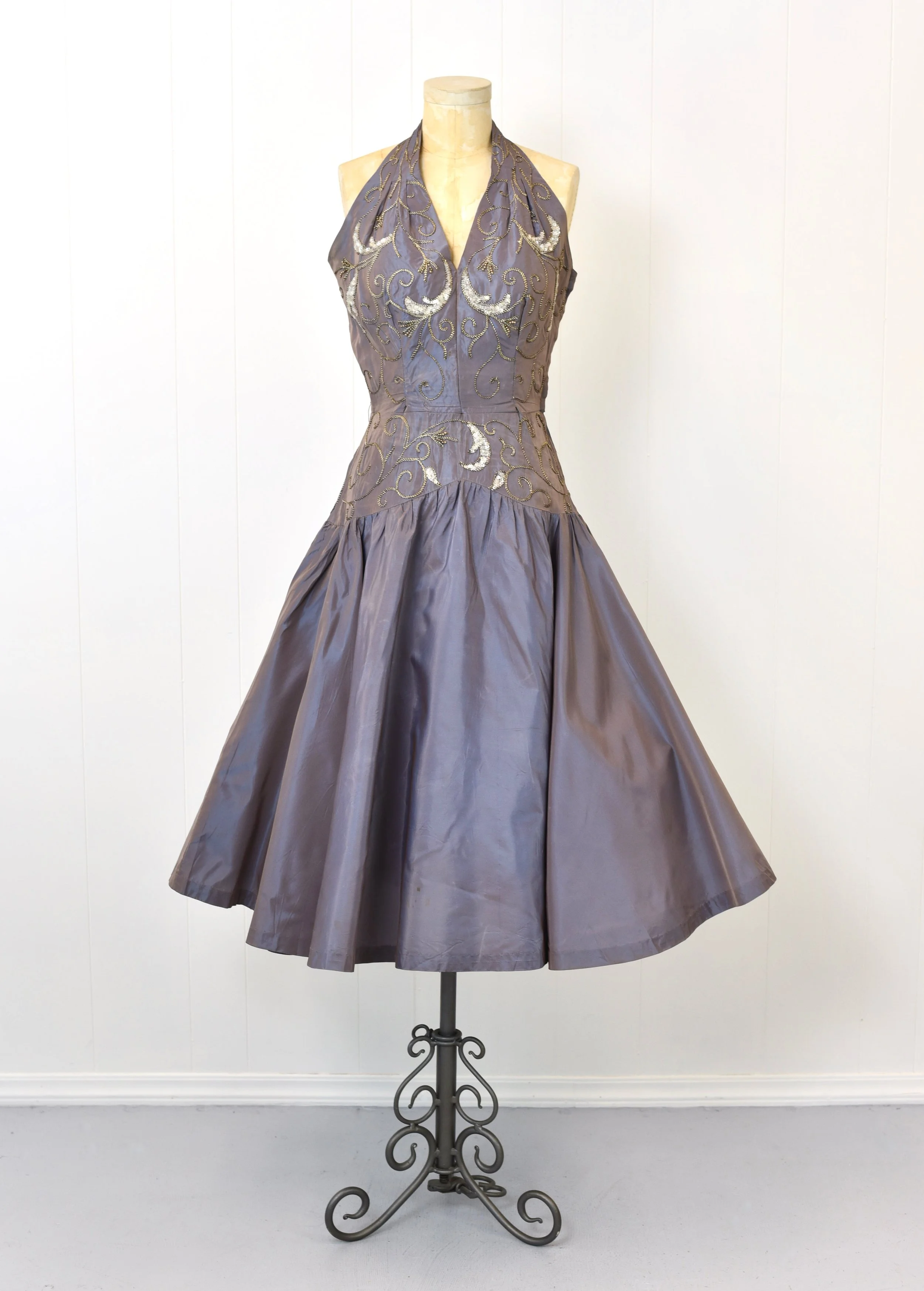 1950s Sequin Soutache Pinup Girl Party Formal Halter Dress