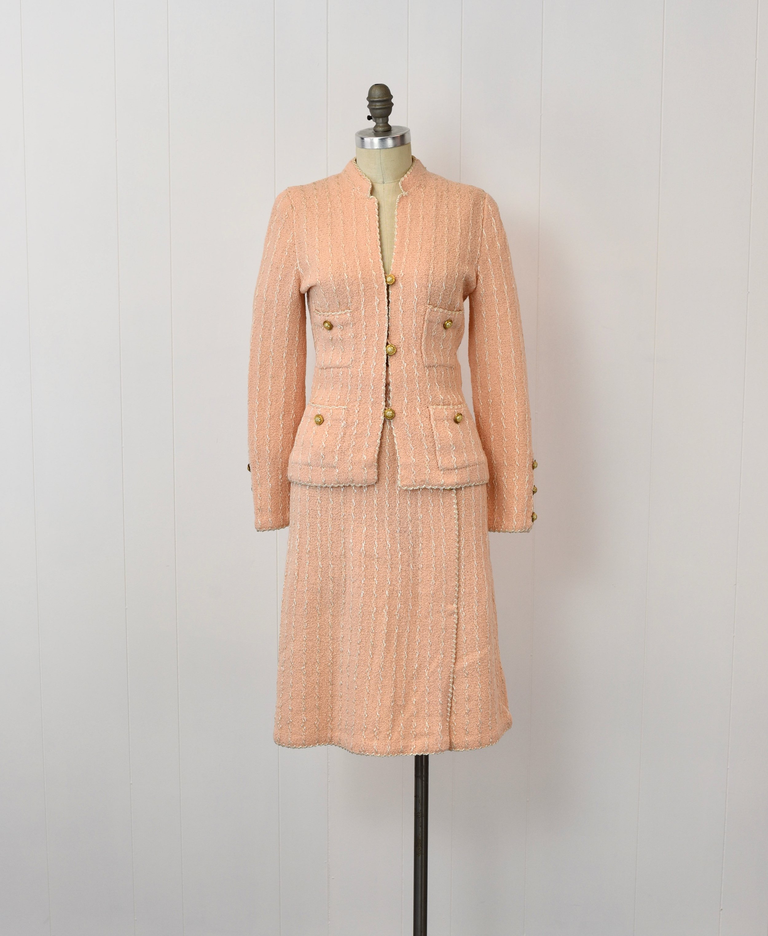 1980s Adolfo Peach Pink White Striped Wool Jacket & Skirt Two