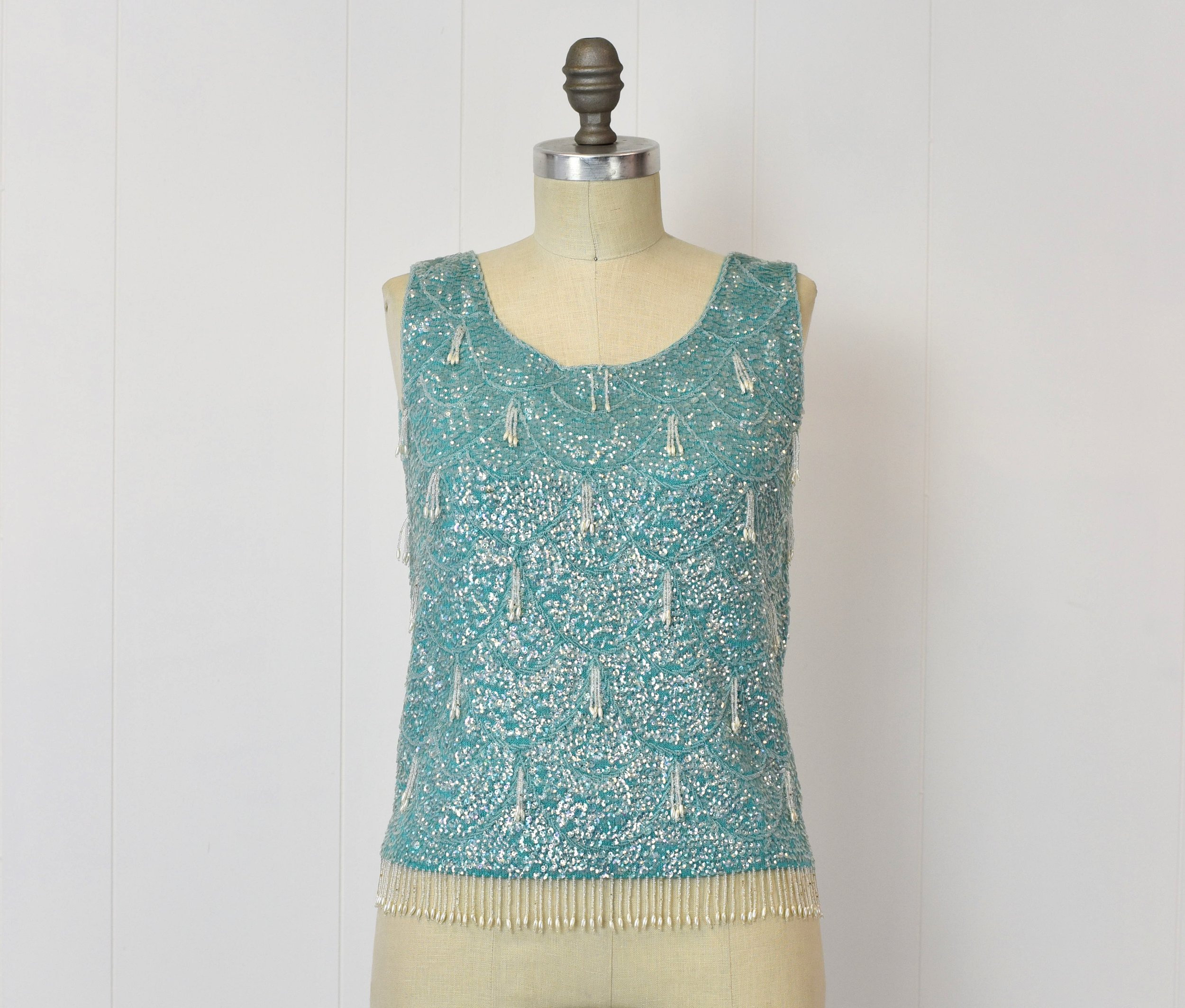 1960s Blue Beaded Sequin Fringe Blouse — Canned Ham Vintage