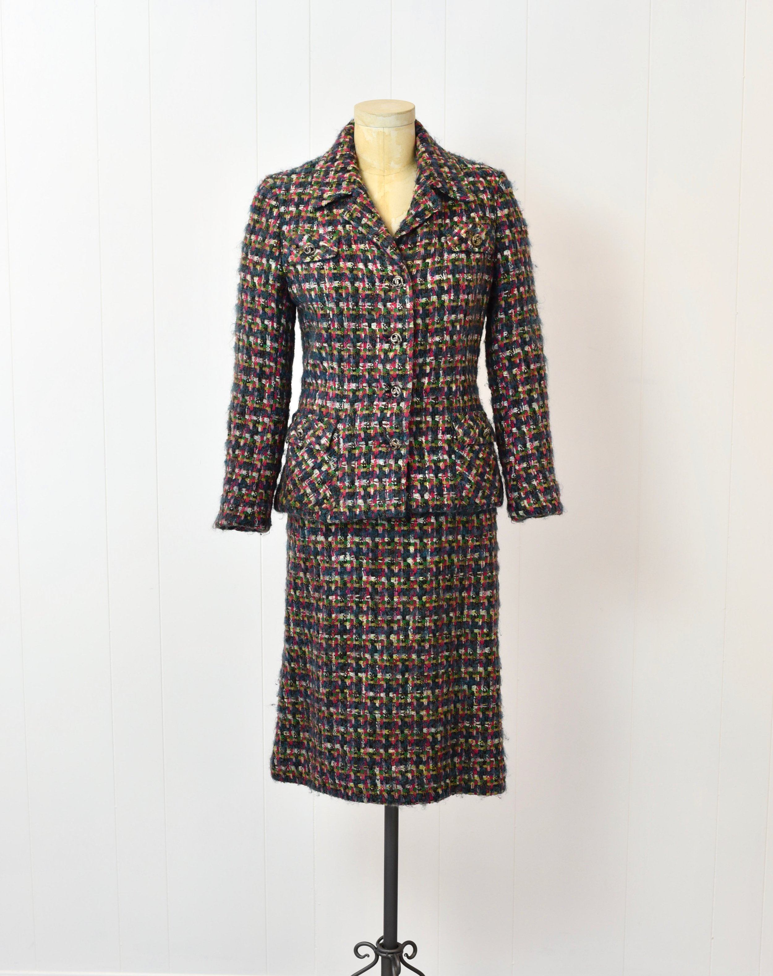 1980s Chanel Inspired Blue Pink Plaid Multicolored Wool Two Piece