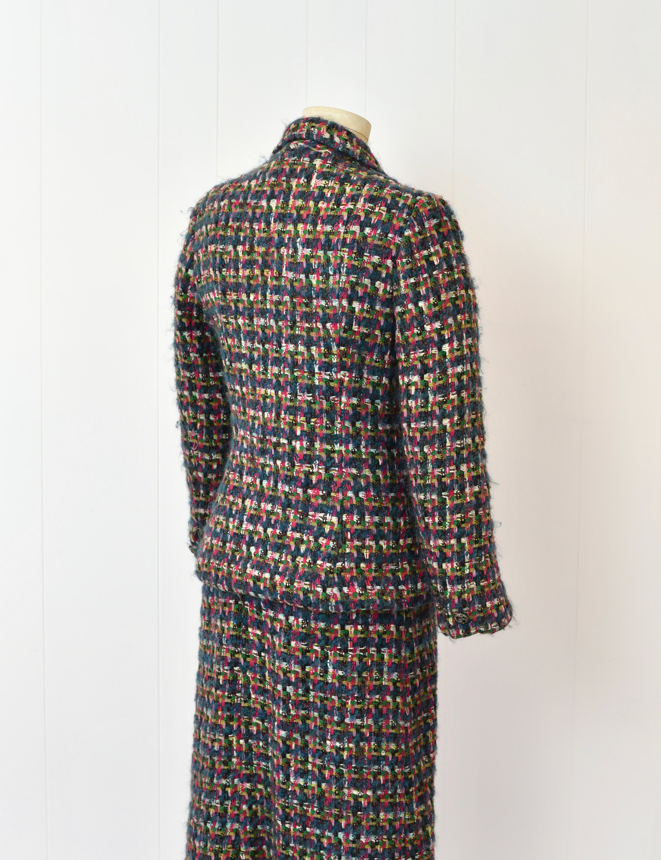 1980s Chanel Inspired Blue Pink Plaid Multicolored Wool Two Piece