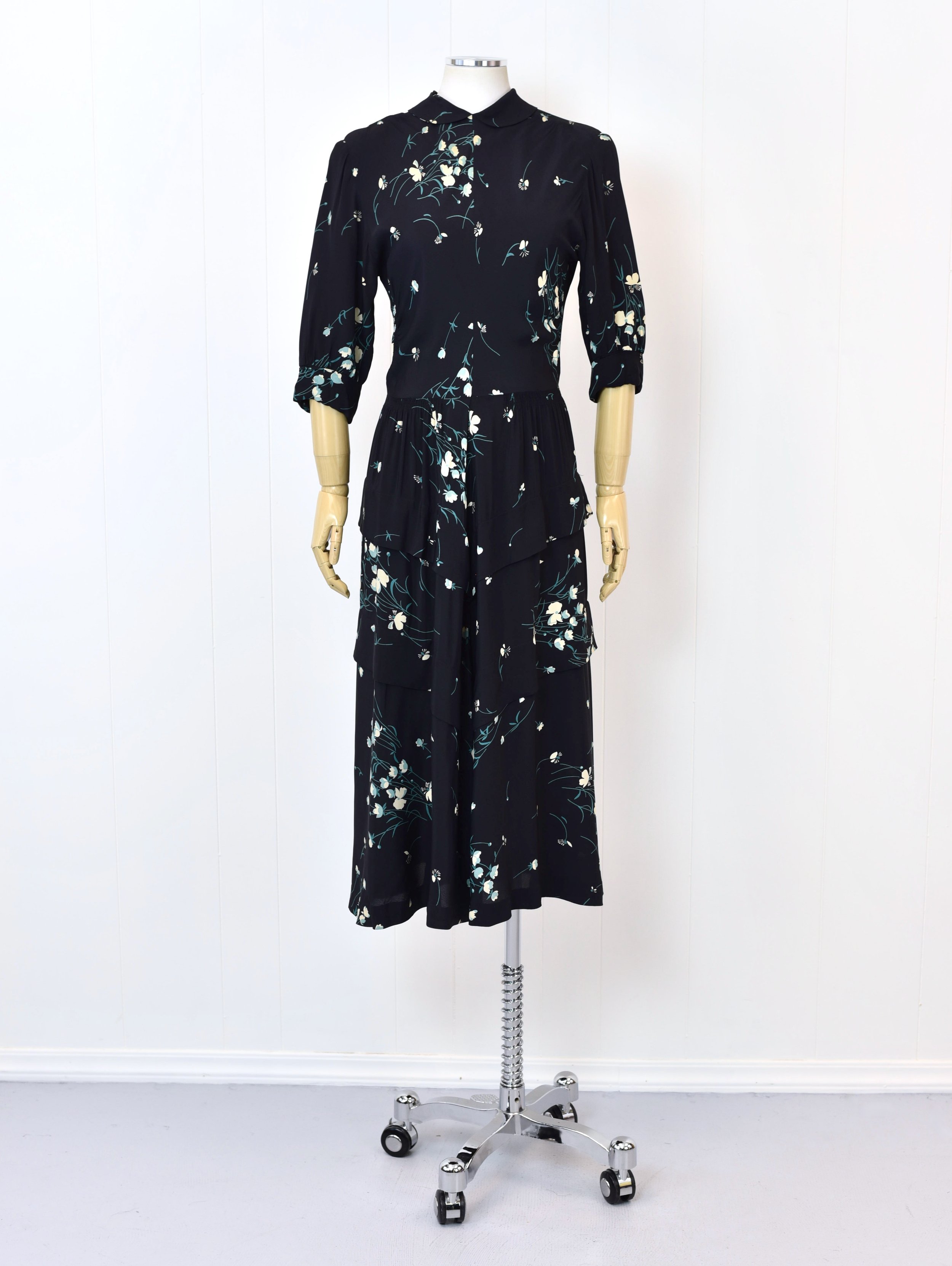 1940s R&K Originals Navy Blue Teal Floral Print Day Dress — Canned