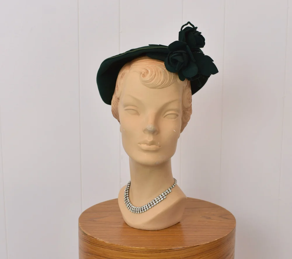 A114 Vintage Hattitude Olive Green Velvet Hat with Chiffon Band & Hat Box Hats — Canned Ham Vintage main image 4