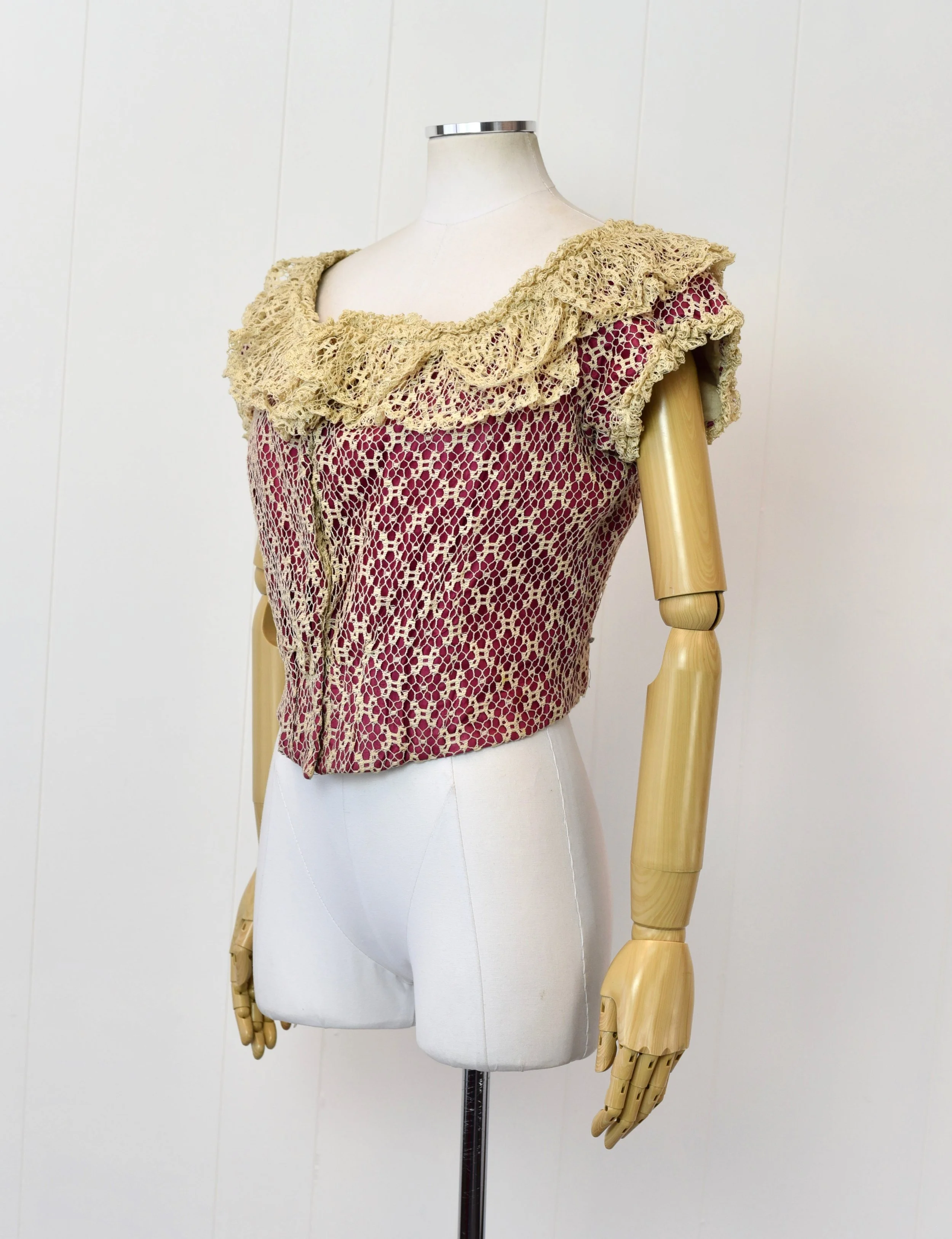 RARE Antique 1800s Raspberry Crochet Lace Corset Blouse Two RARE Antique 1800s Raspberry Crochet Lace Corset Blouse Two