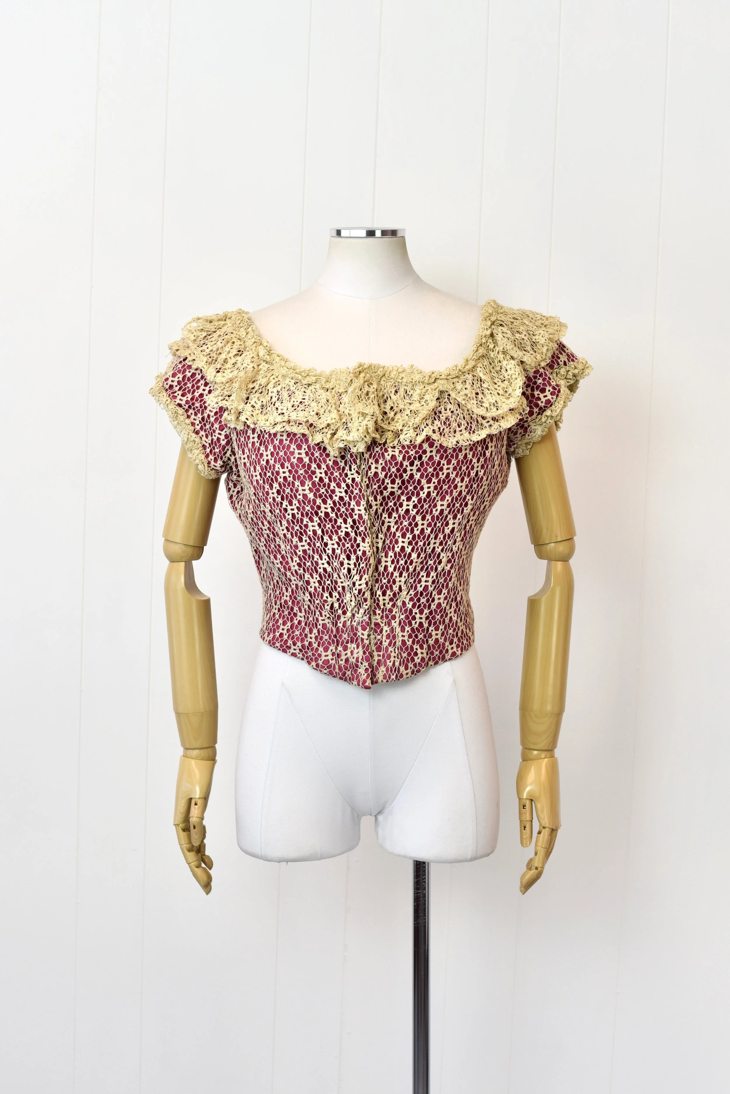 RARE Antique 1800s Raspberry Crochet Lace Corset Blouse Two Piece