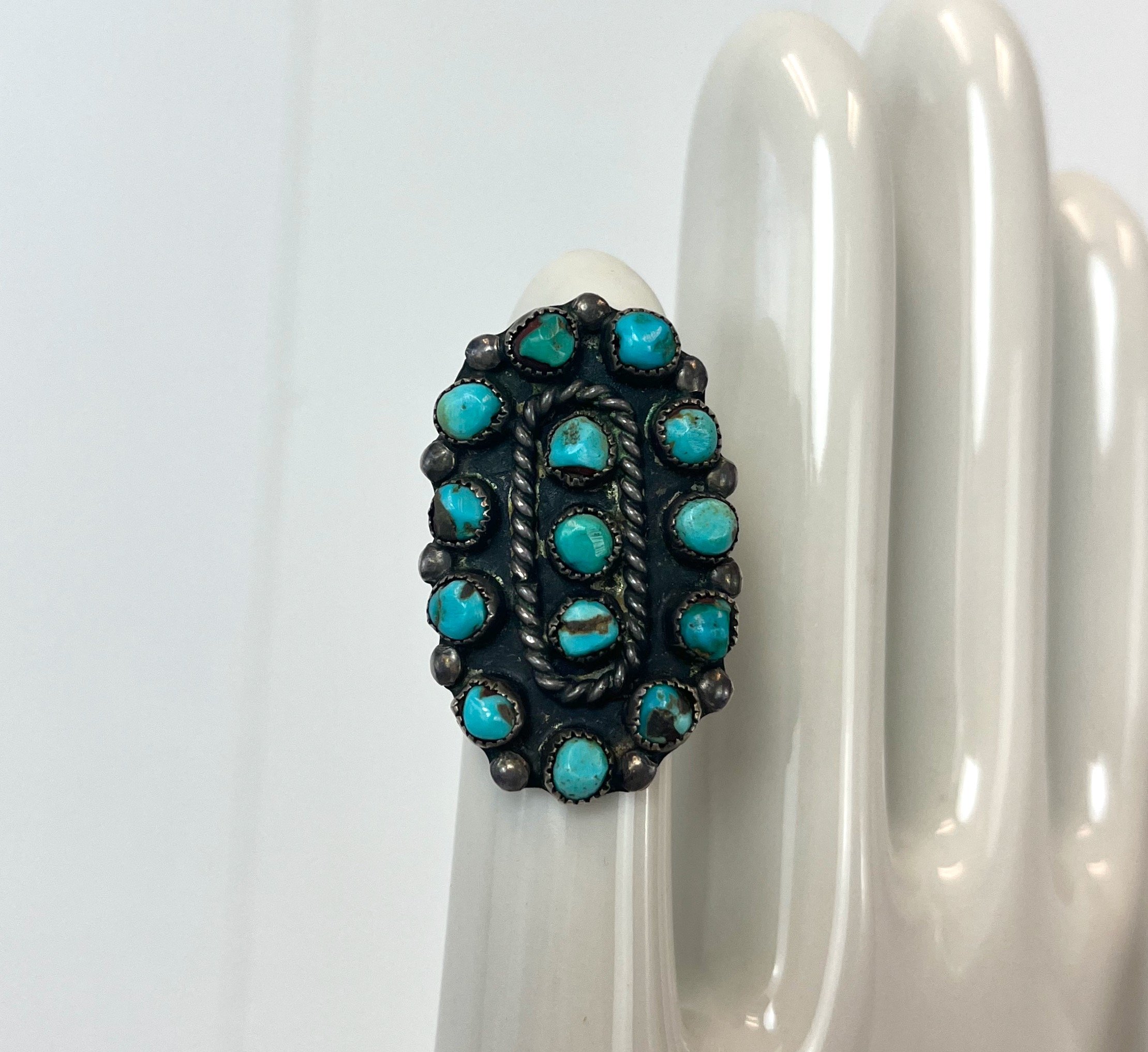 1940s/1950s Zuni Turquoise Sterling Silver Snake Eye Shield Ring Jewelry —  Canned Ham Vintage