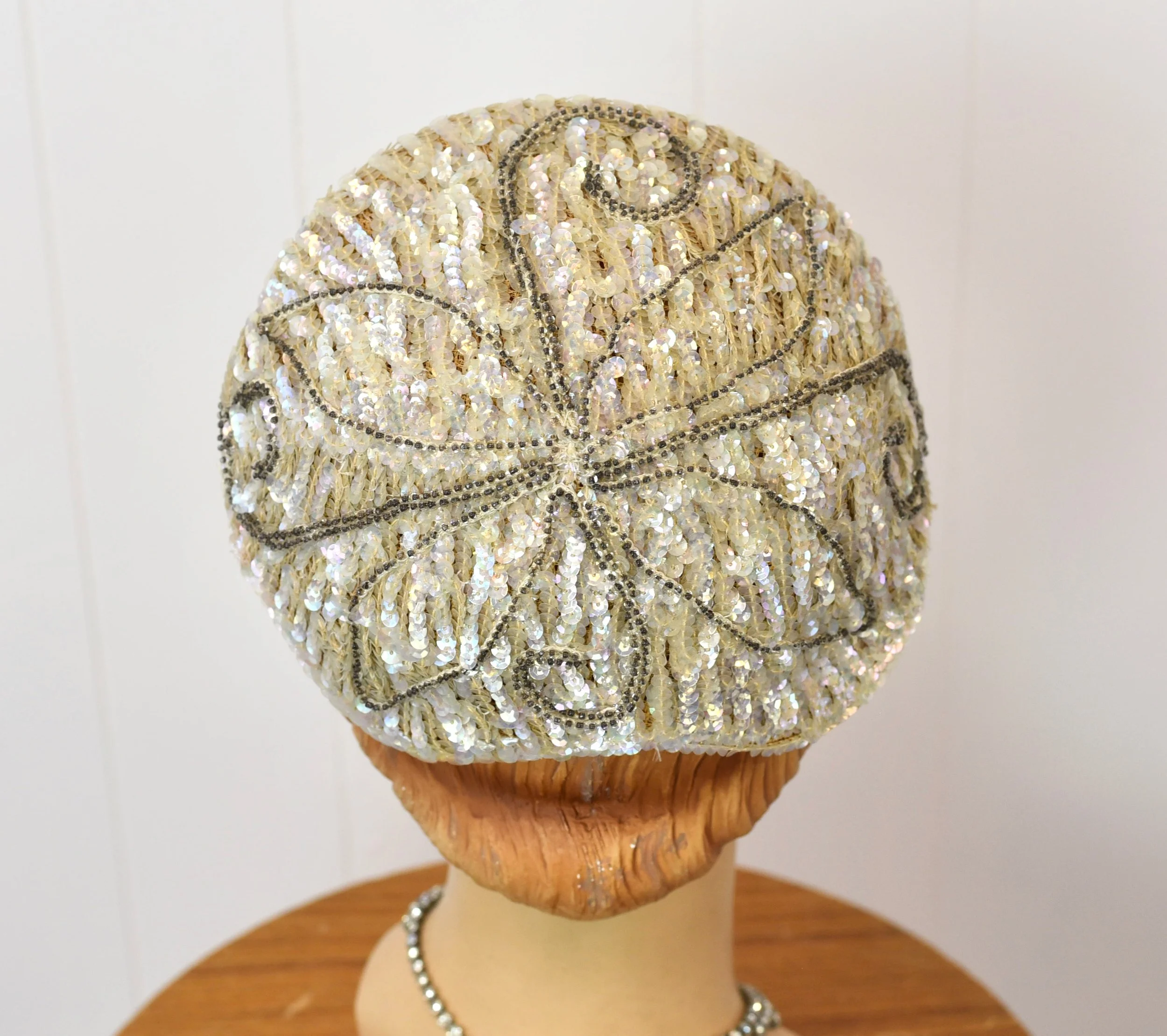 FESTIVE 1950s\' COCKTAIL HAT COVERED IN IRIDESCENT SEQUINS & BEADS Captain Hat Iridescent Rhinestones | Masquerade Store main image 3