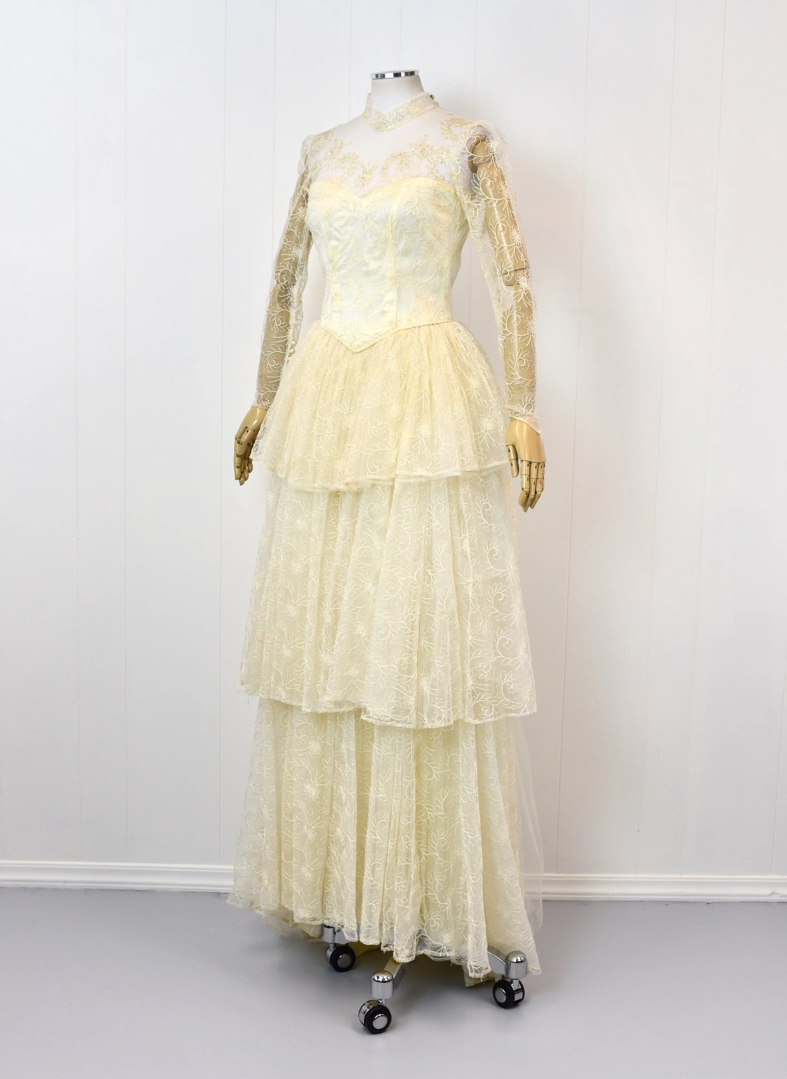 knee length dresses for ladies High Neck Ruffle Long Sleeve Tiered Formal Dress Powder / 6 main image 0