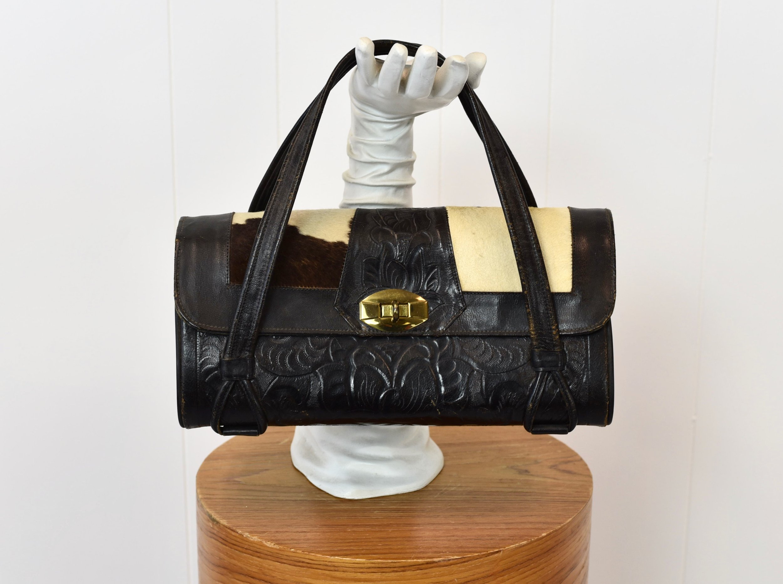1960's Gucci Black Patent Leather and Bamboo Lunch Box Bag For