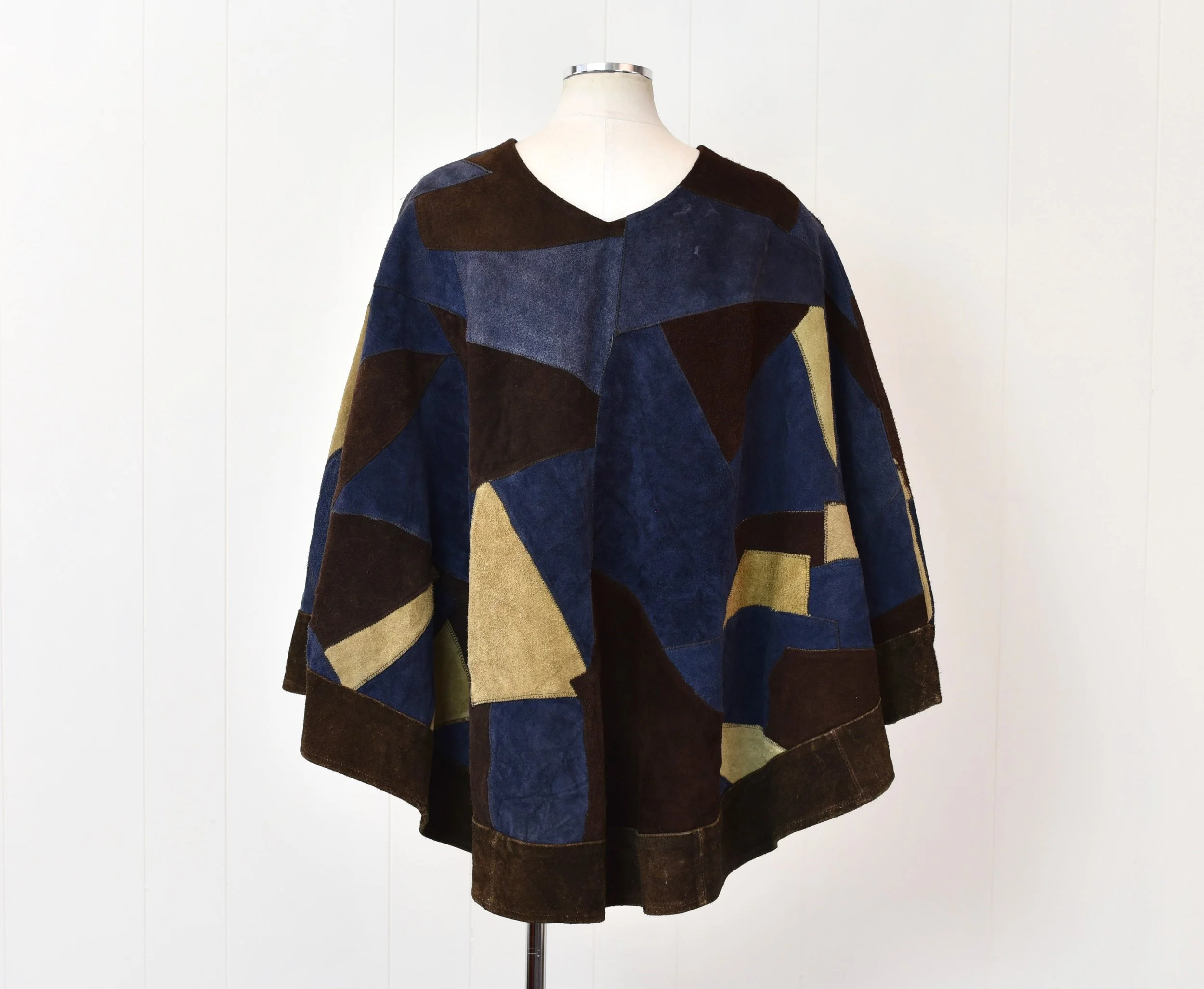 1970s Suede Patchwork Leather Brown Blue Boho Hippie Poncho