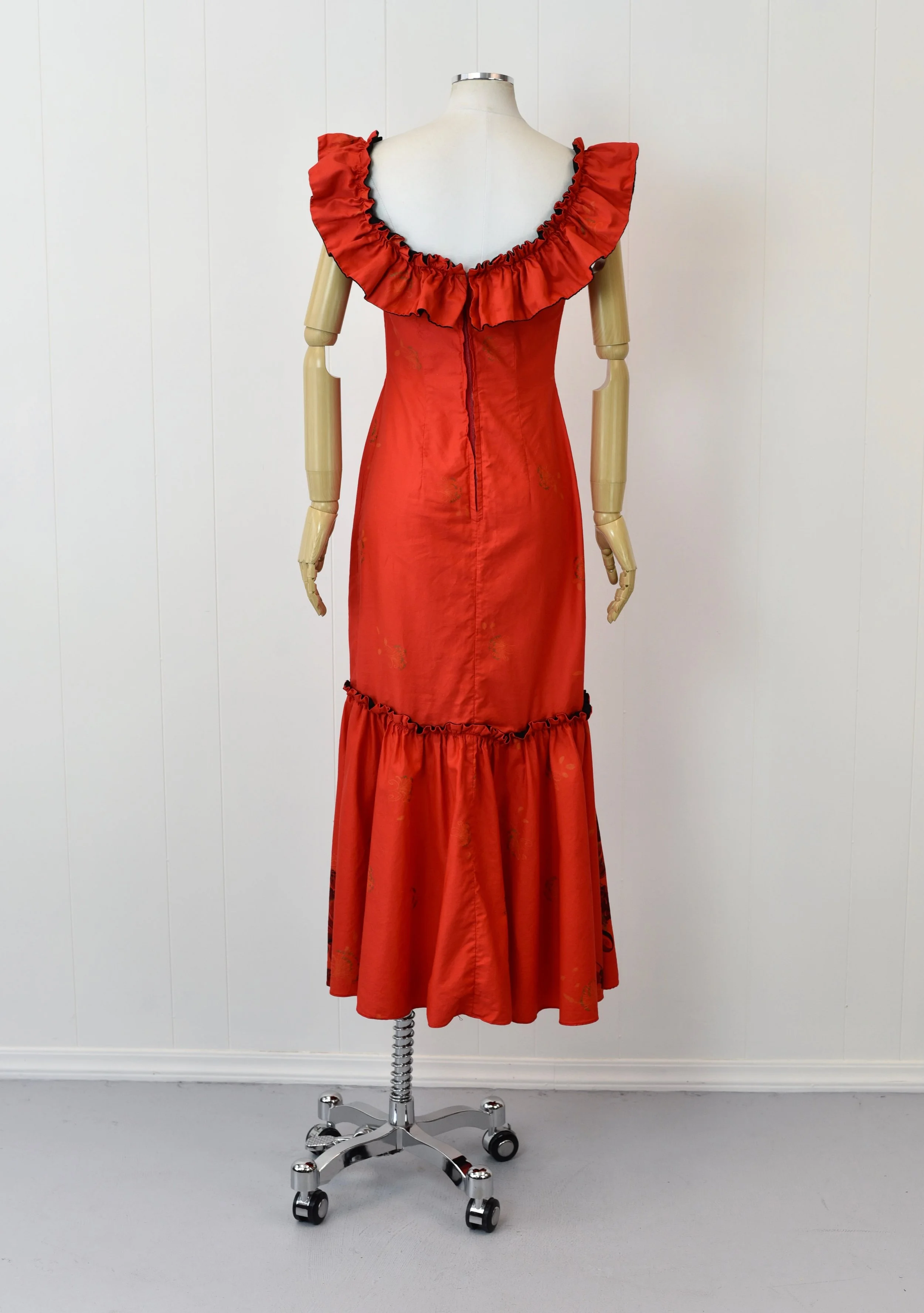 1960s Red Floral Hawaiian Togs Ruffled Pinup Mermaid Maxi Dress Gown  Canned Ham Vintage