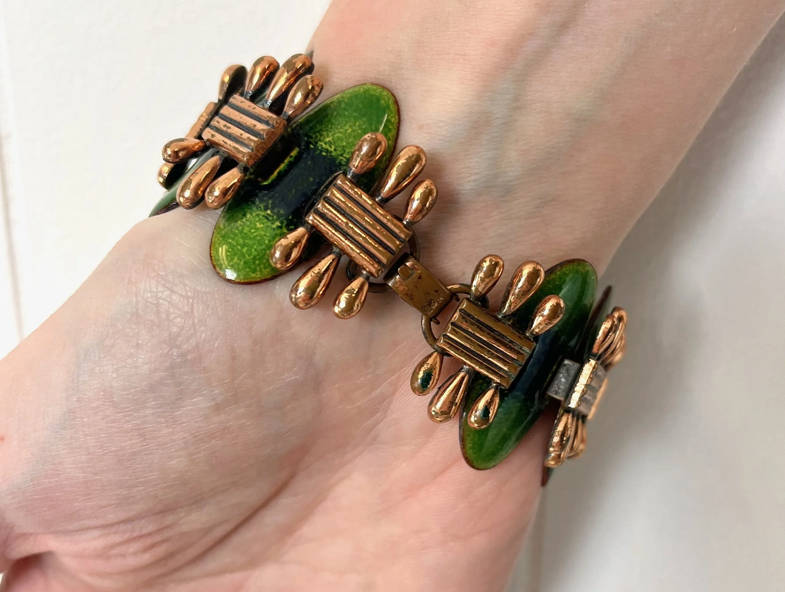 1950s Matisse Green Enamel Copper Link Bracelet Jewelry Signed