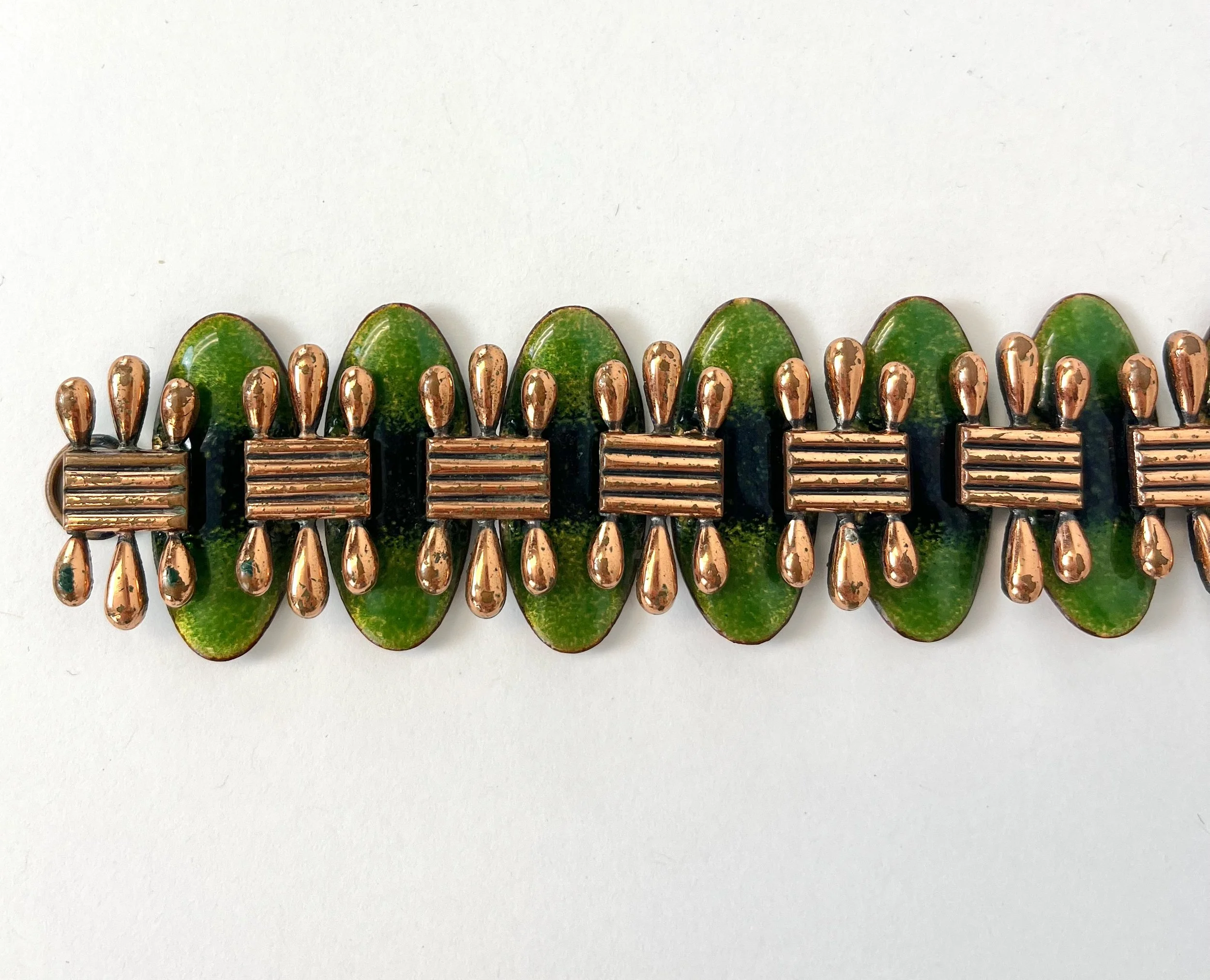 1950s Matisse Green Enamel Copper Link Bracelet Jewelry Signed