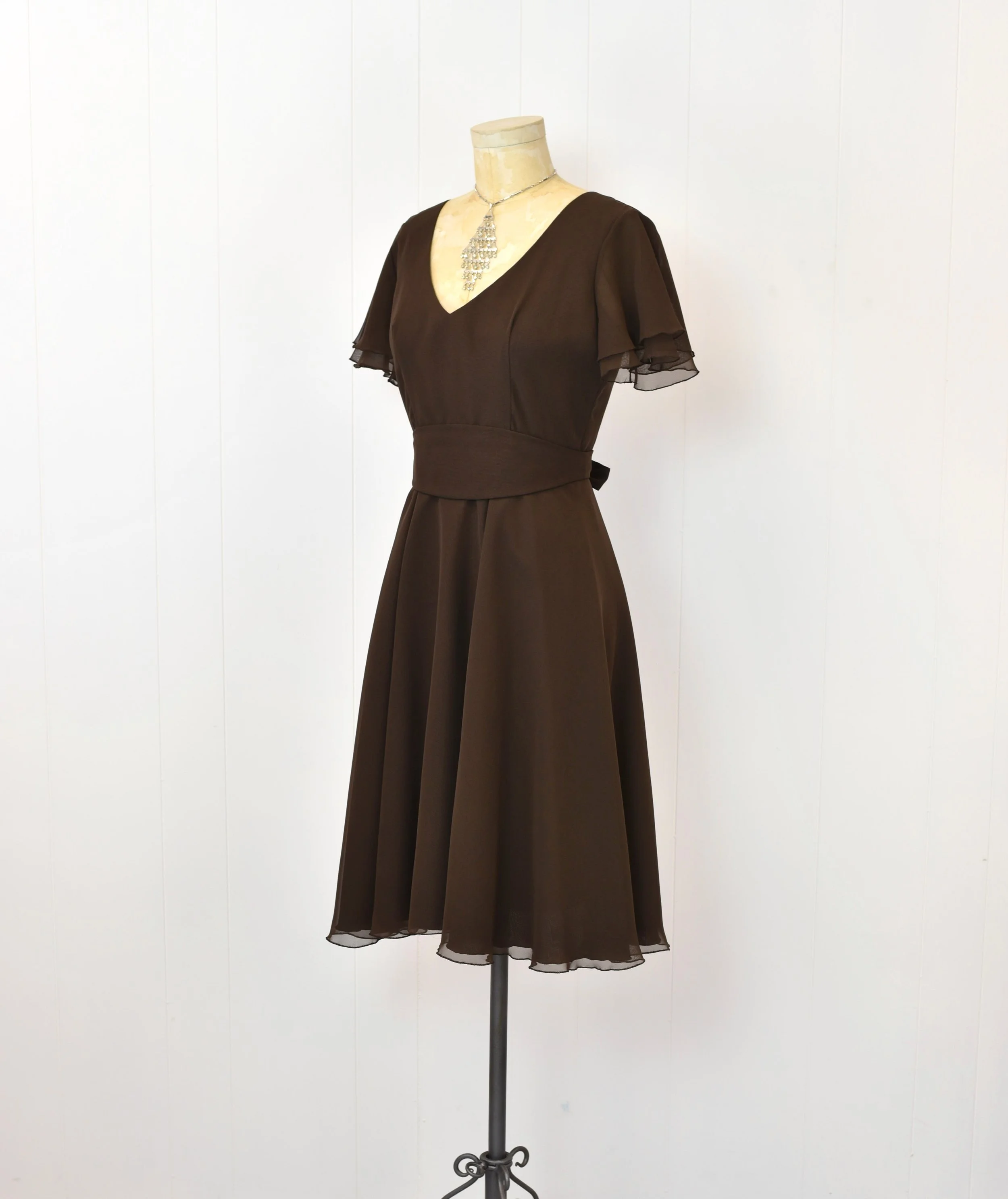 1970s Brown Chiffon Flutter Sleeve Marcel Farrell Party Day Dress  Canned  Ham Vintage