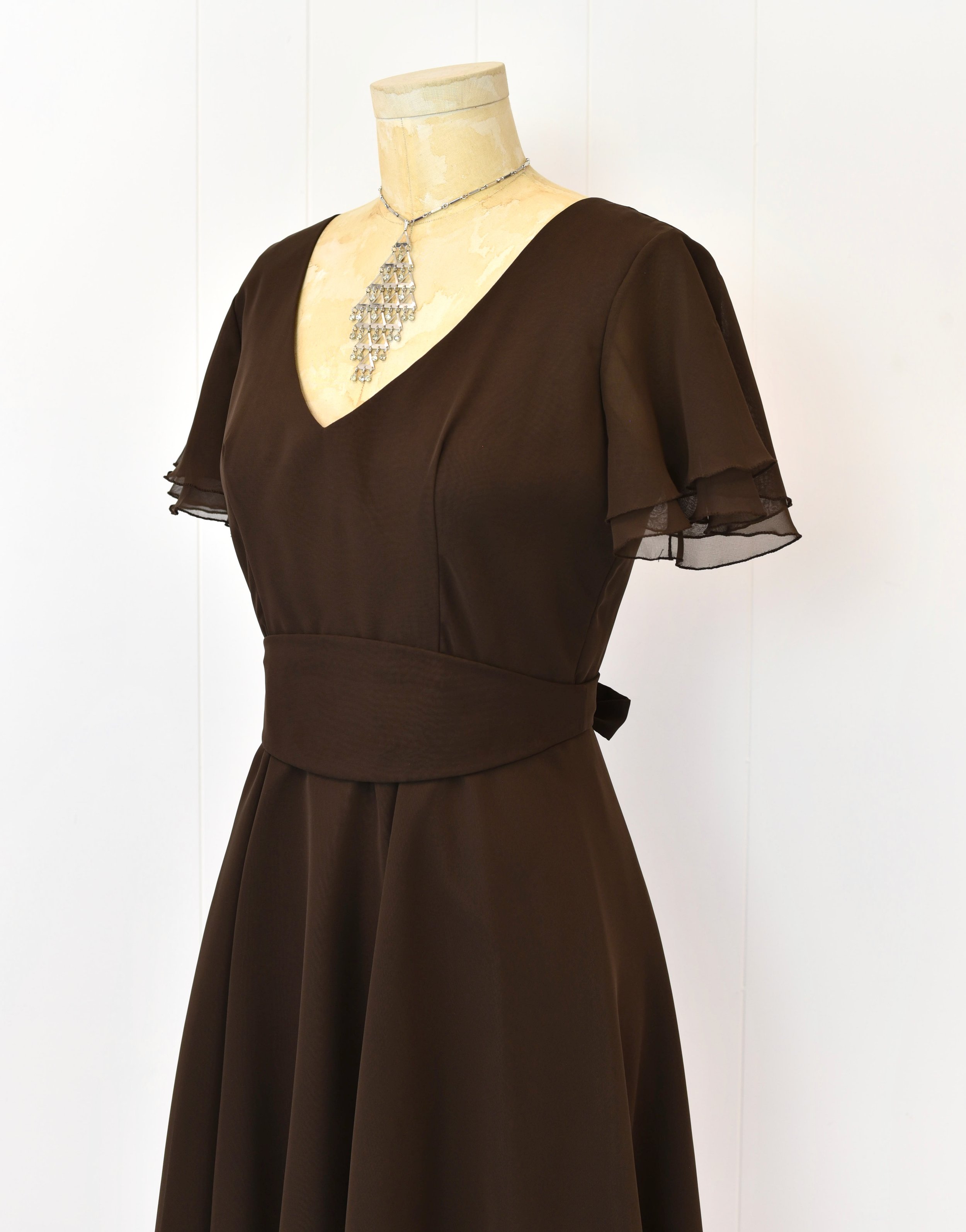 1970s Brown Chiffon Flutter Sleeve Marcel Farrell Party Day Dress  Canned  Ham Vintage