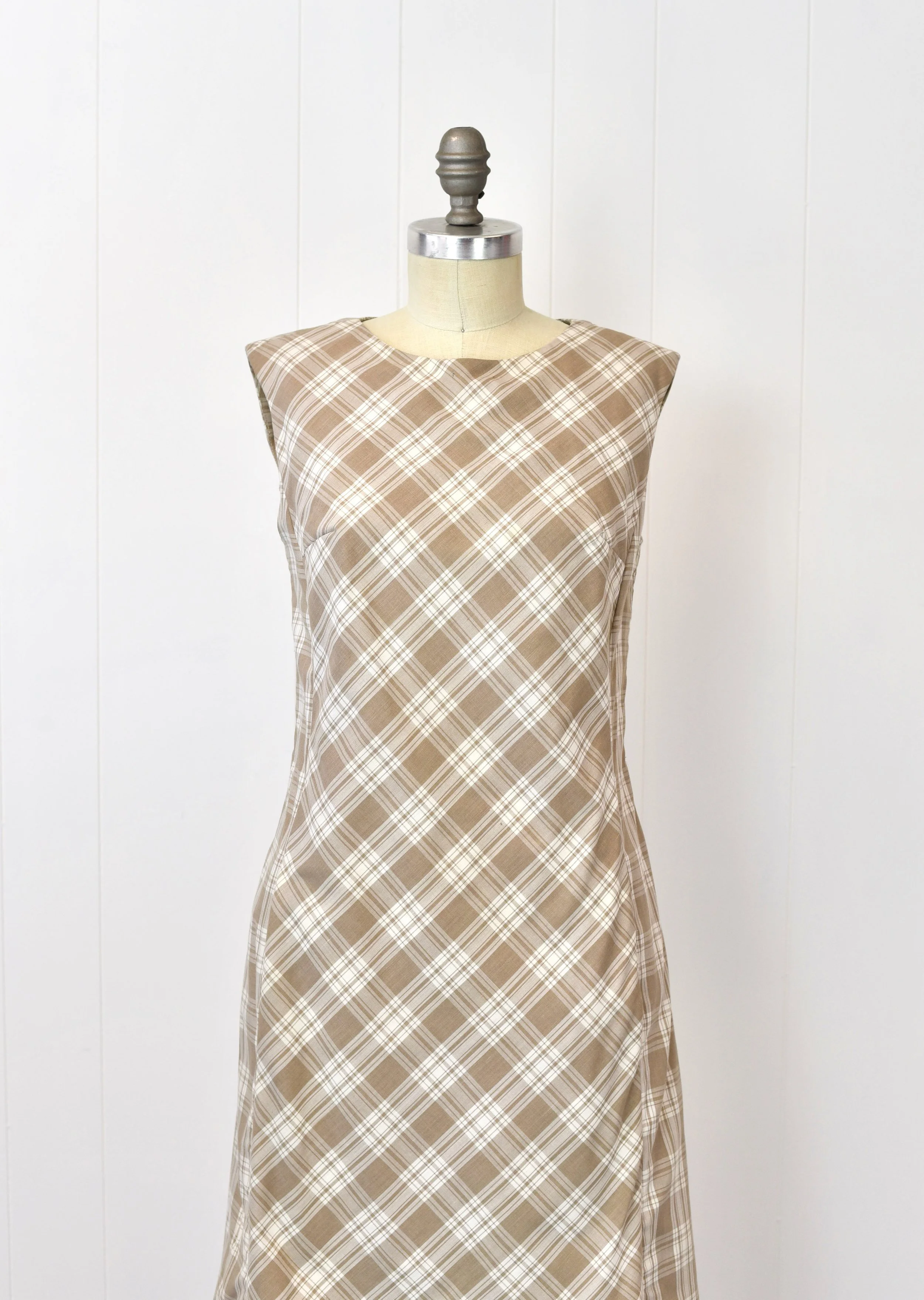 1960s Plaid Light Brown Mod Shift Scooter Dress  Canned Ham Vintage