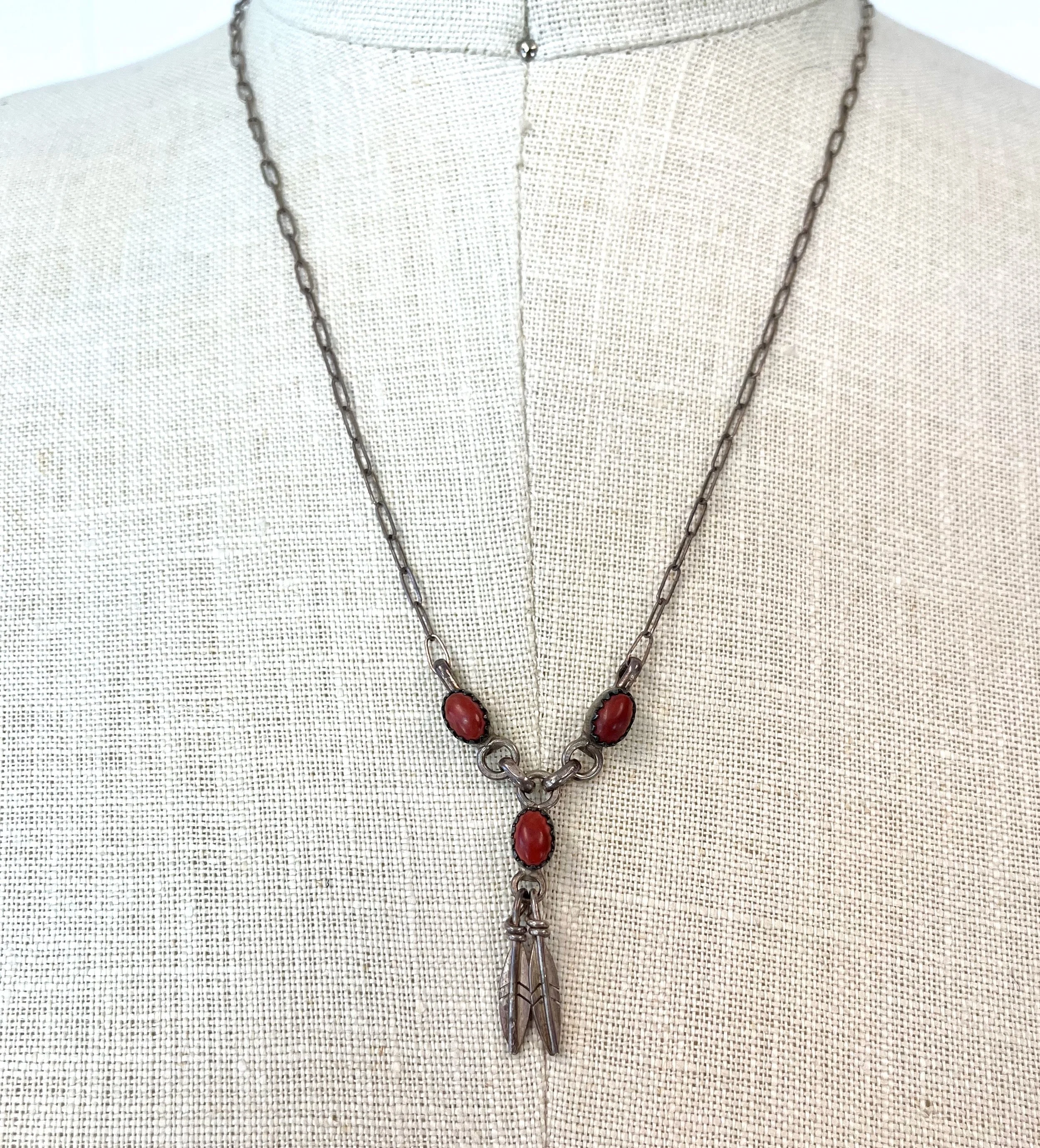 1970s/1980s Coral Stone 925 Sterling Silver Feather Southwestern 