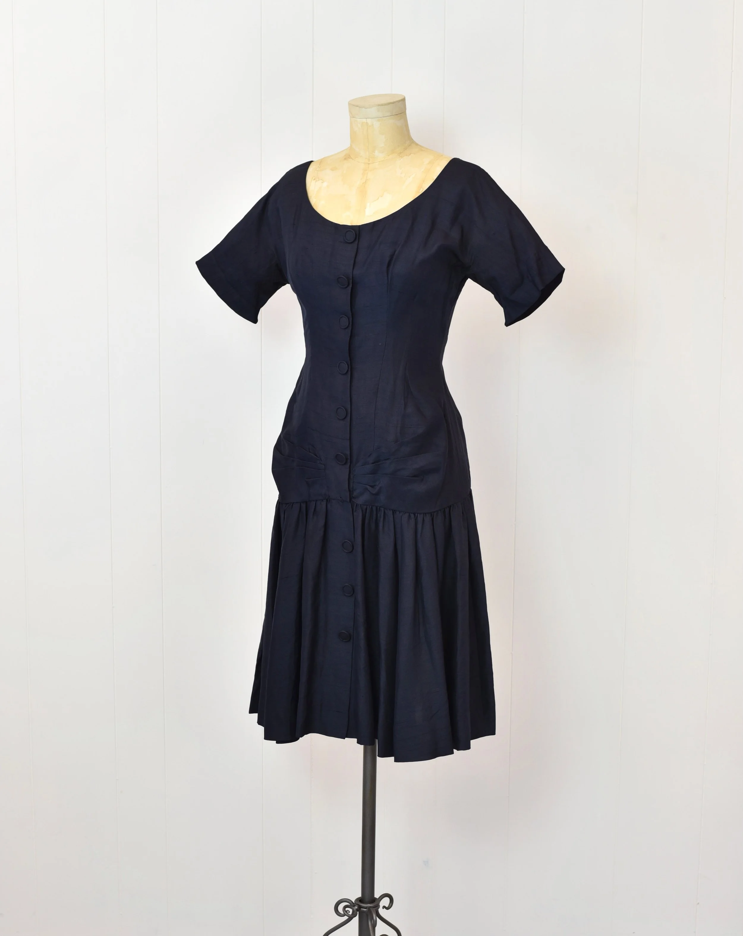 1950s navy blue dress Everleigh Dress (desert stripe linen) 5T