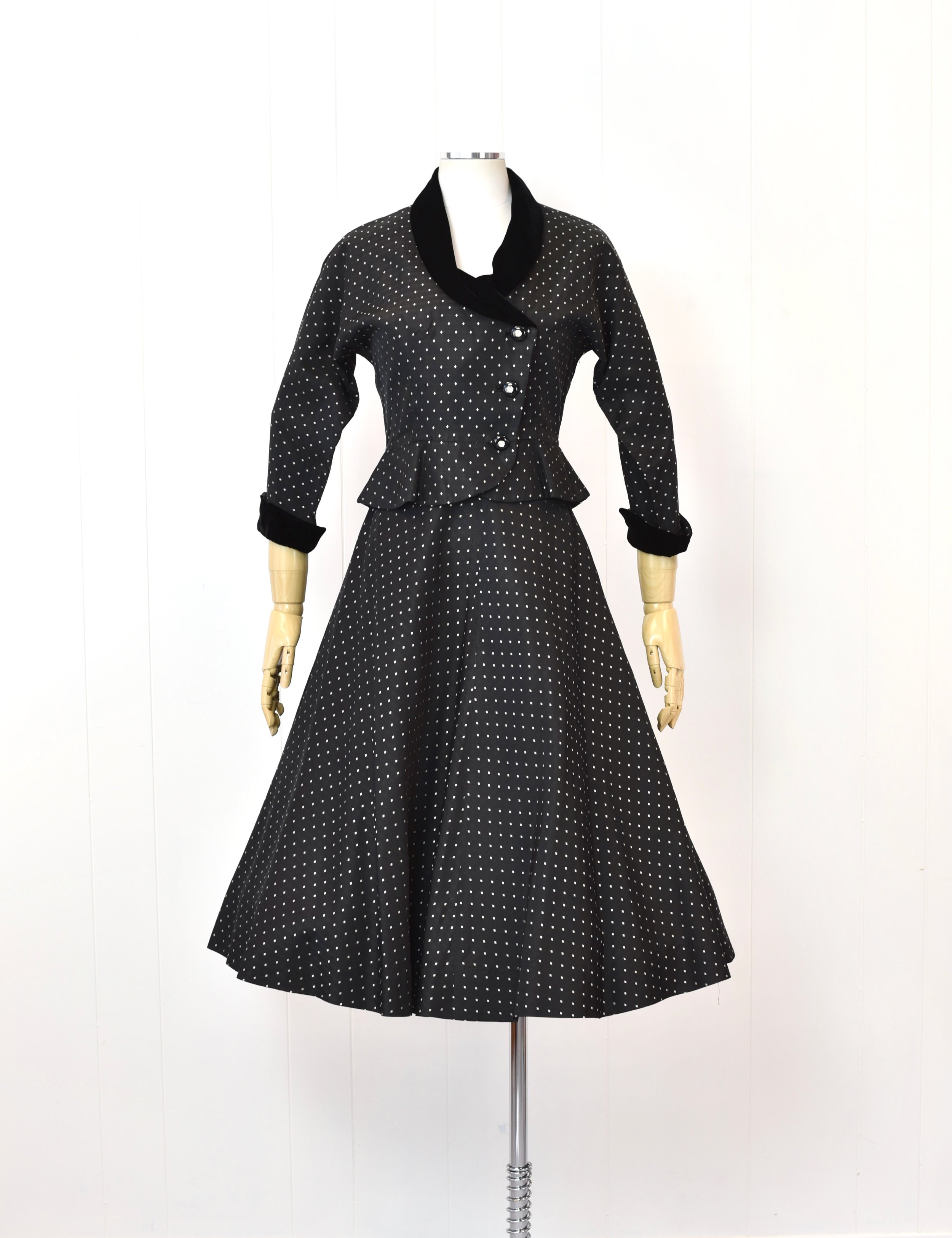 1950s R&K Originals Gray Black Diamond Polka Dot Velvet Rhinestone Blouse  Jacket & Skirt Two Piece Pinup Mid Century Mrs. Maisel Suit Set — Canned  Ham Vintage