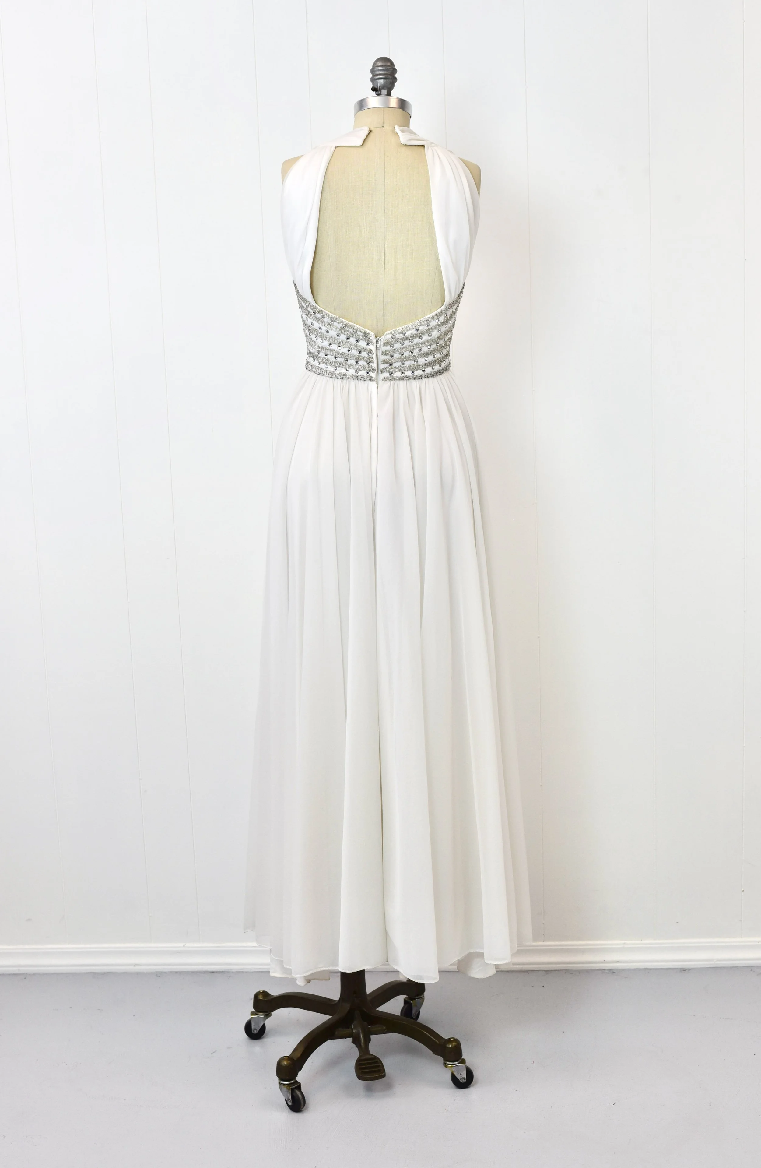 1970s Mike Benet White Rhinestone Beaded Chiffon Marilyn Monroe Party Dress  Gown — Canned Ham Vintage