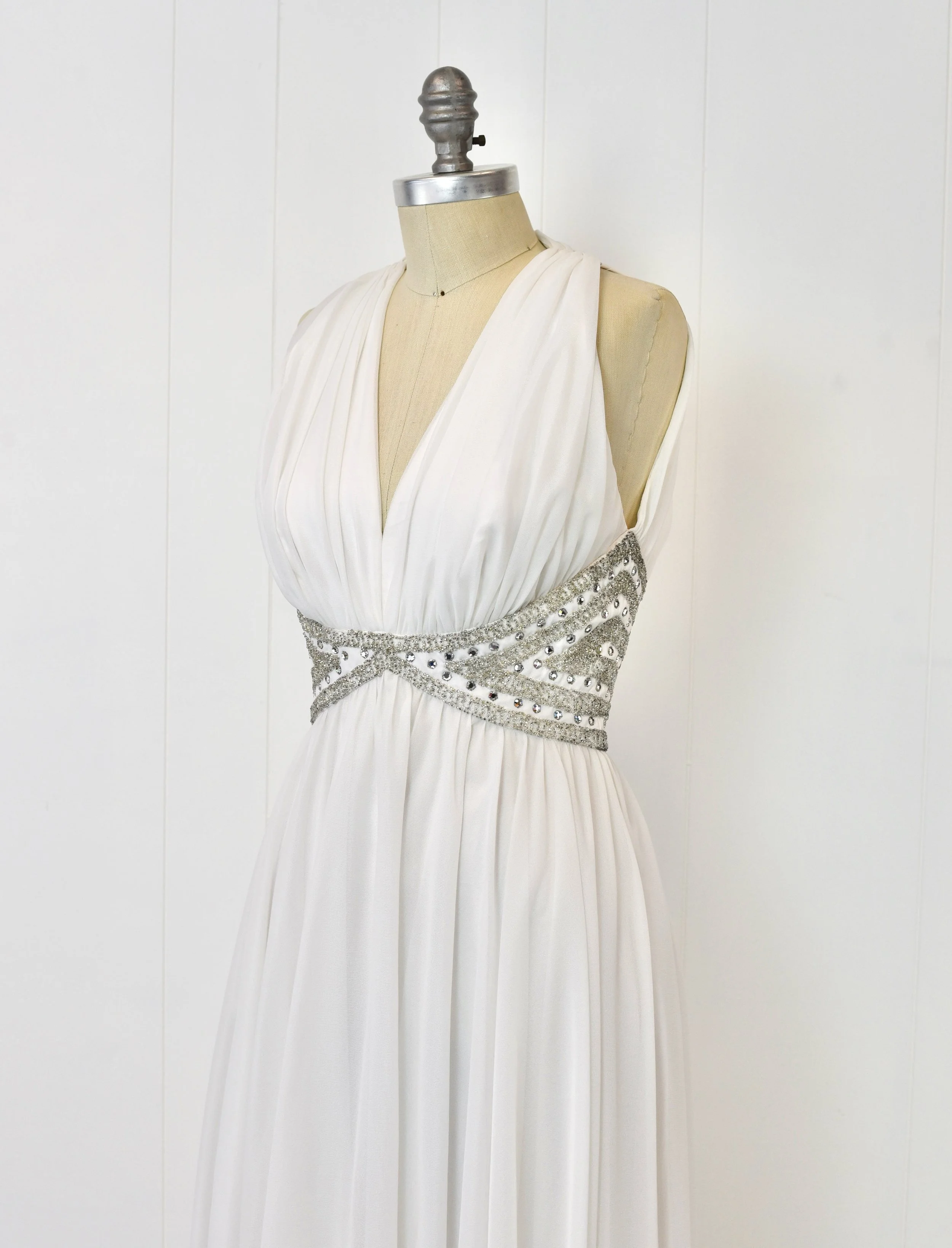 1970s Mike Benet White Rhinestone Beaded Chiffon Marilyn Monroe Party Dress  Gown  Canned Ham Vintage