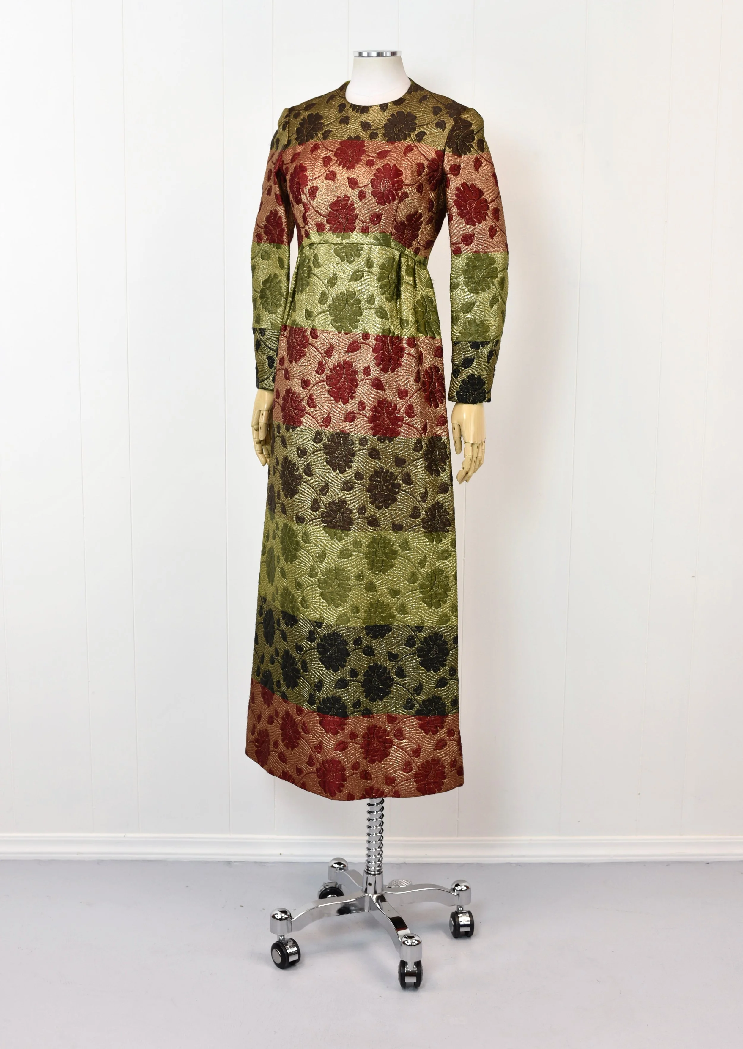 1960s Metallic Brocade Floral Embroidered Pattern Red Green Party Gown Maxi Dress  Canned Ham Vintage
