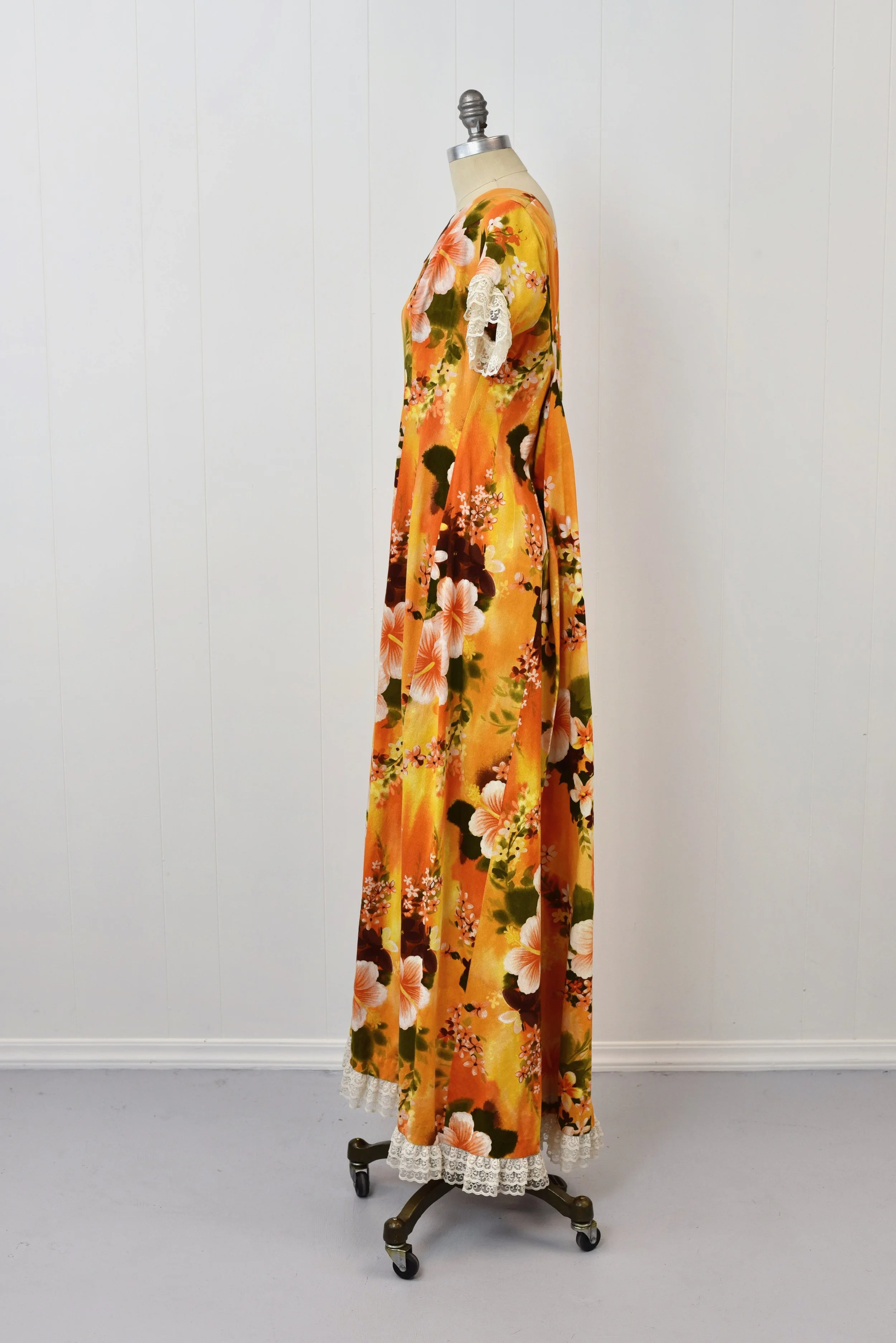 1960s Ui-Maikai Orange Hibiscus Floral Hawaiian Lace Waterfall Tiki Maxi Dress Gown  Canned Ham Vintage