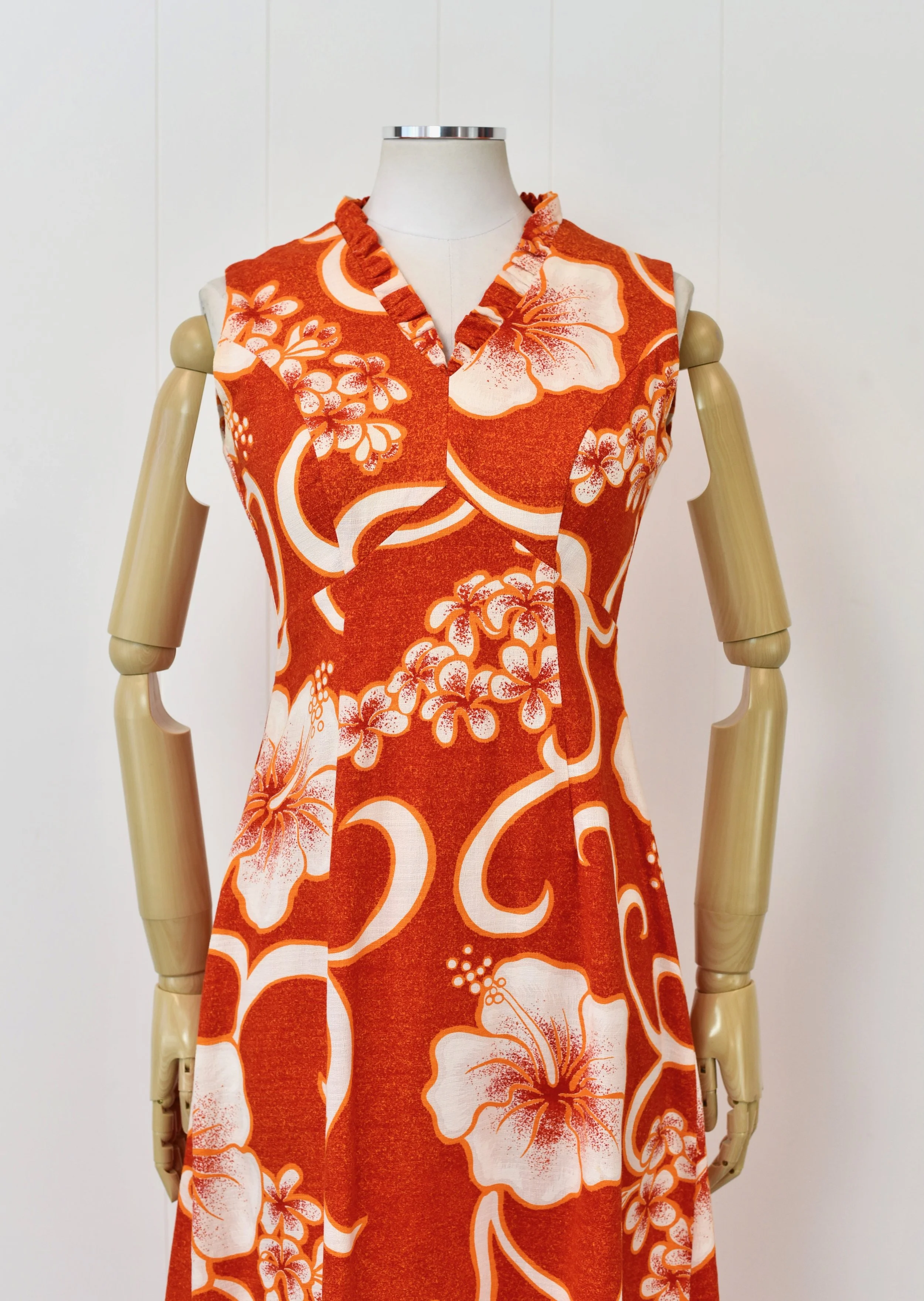 1960s/1970s Royal Hawaiian Hibiscus Floral Print Red Orange Tiki Maxi Dress  Gown  Canned Ham Vintage