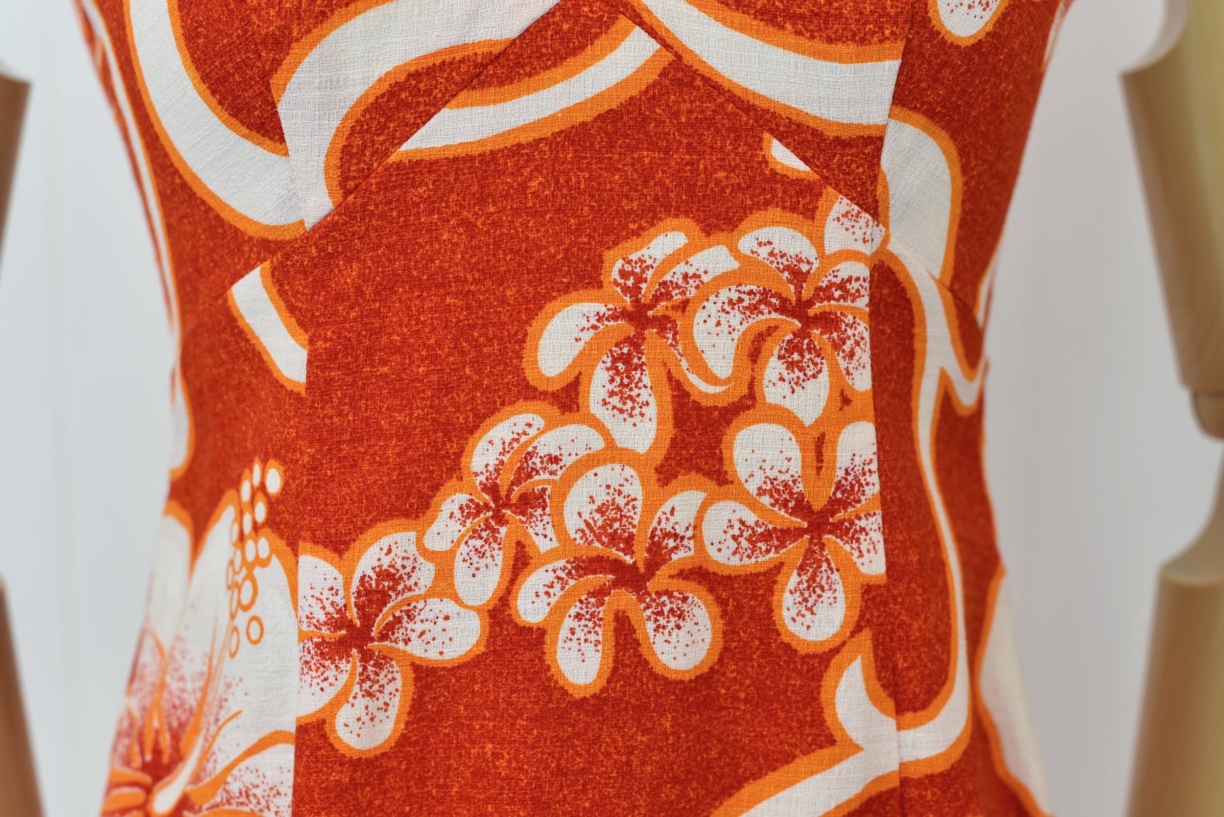 1960s/1970s Royal Hawaiian Hibiscus Floral Print Red Orange Tiki Maxi Dress  Gown  Canned Ham Vintage
