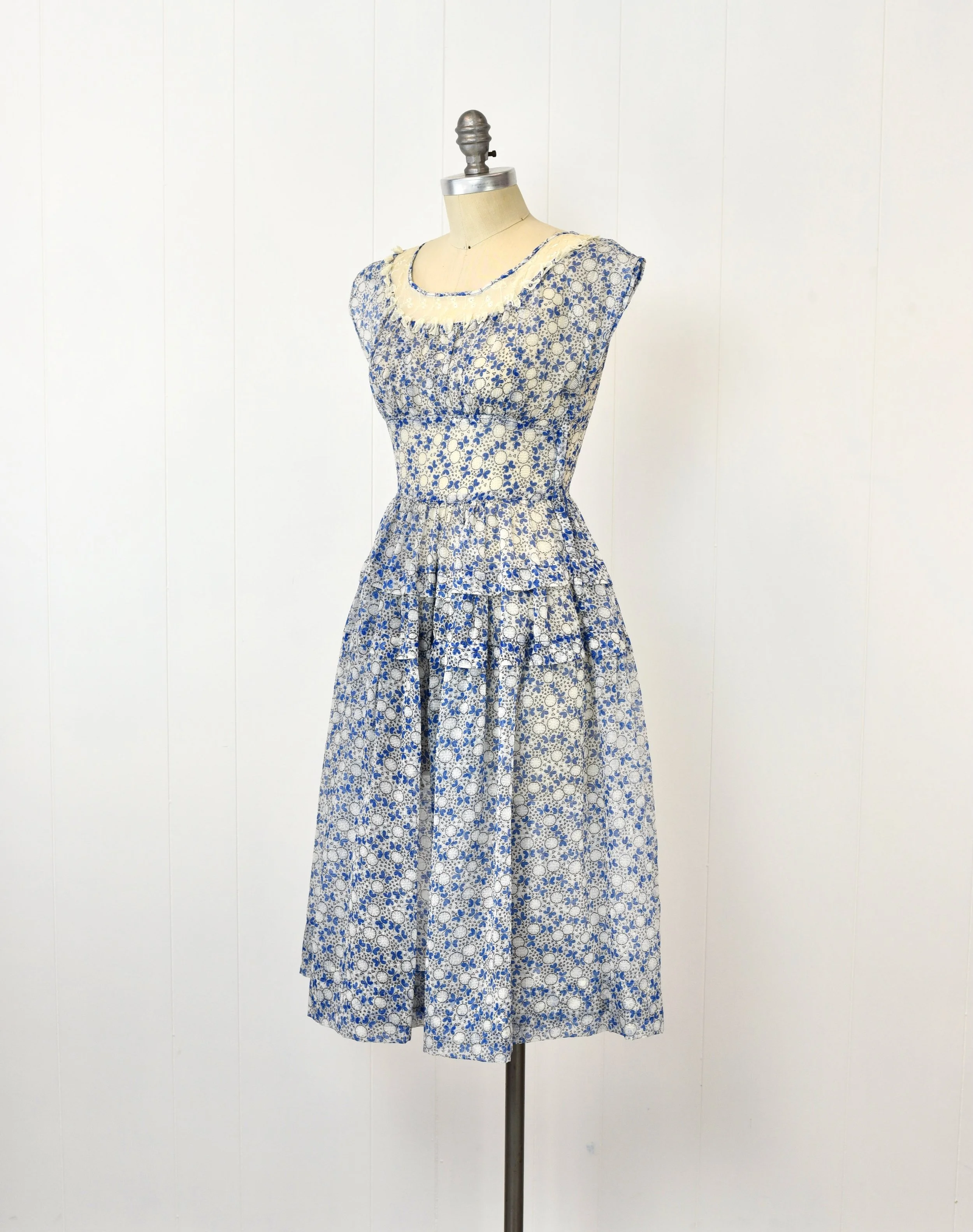 1950s Butterfly Dandelion Floral Novelty Print Rhinestone Appliques Blue Vicky Vaughn Sheer Day Dress Canned Ham Vintage 1950s Butterfly Dandelion Floral Novelty Print Rhinestone Appliques Blue Vicky Vaughn Sheer Day Dress Canned Ham Vintage