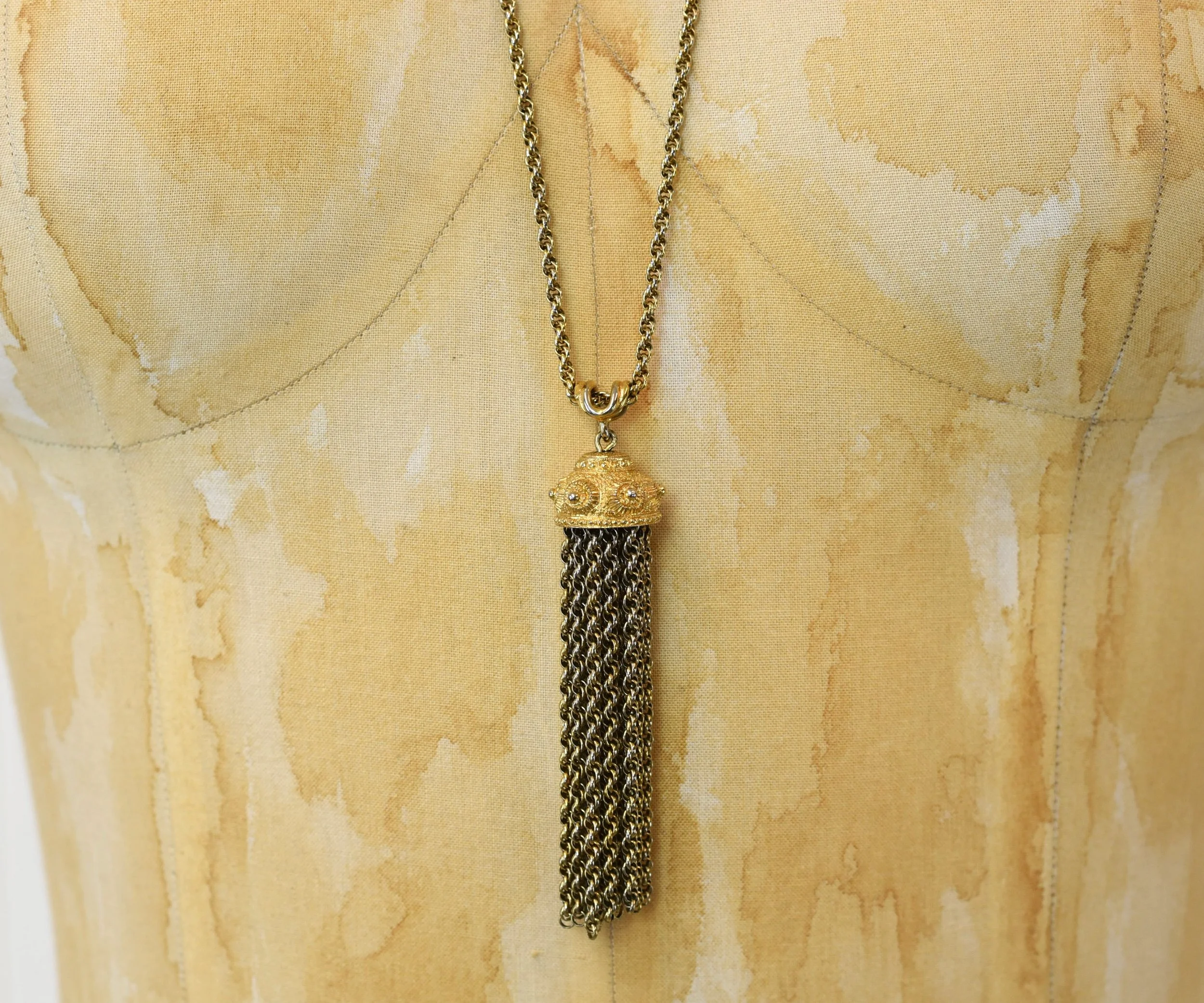 1970s Monet Gold Tone Tassel Chain Fringe Statement Necklace 