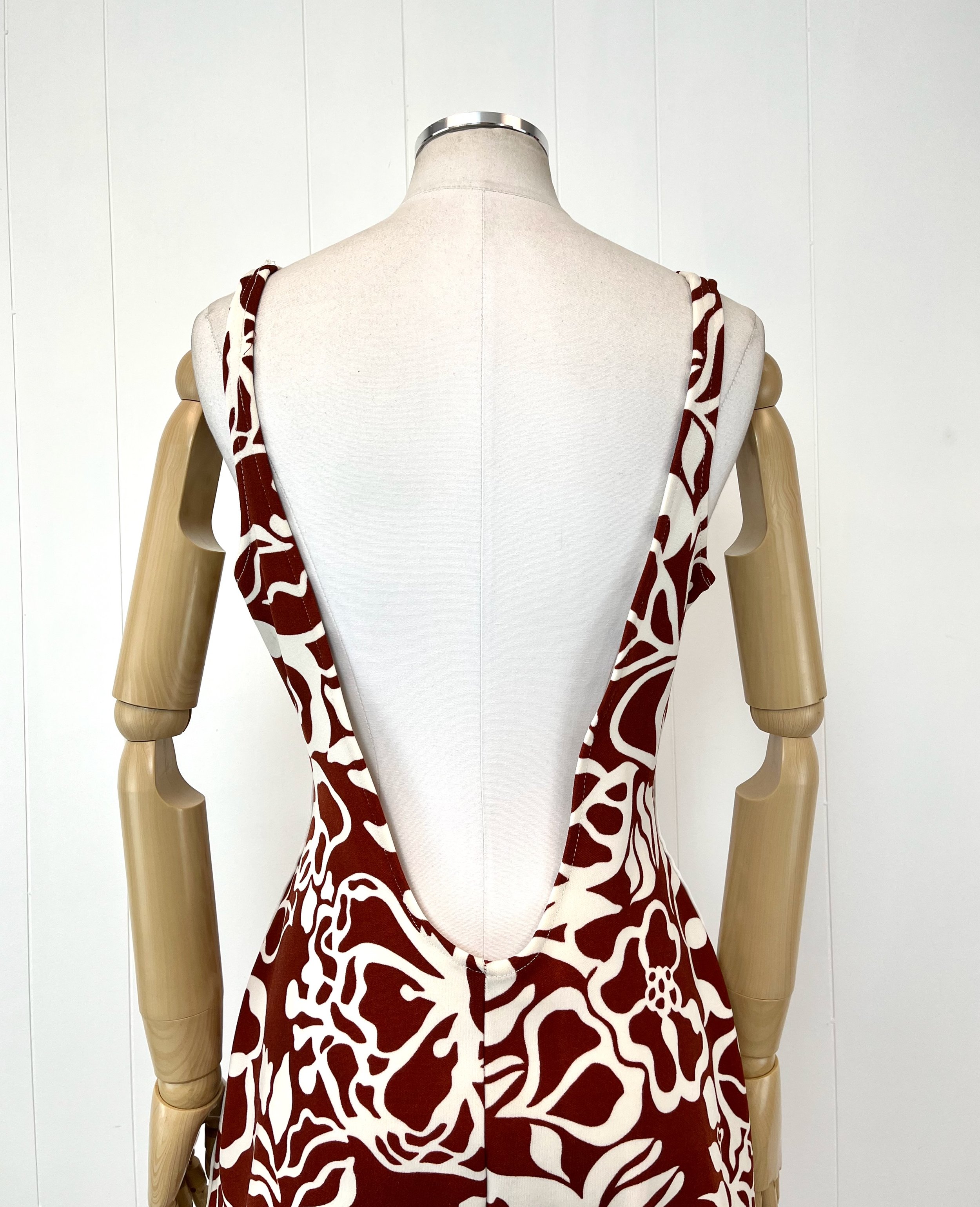 1960s Robby Len Sienna Brown White Floral Print One Piece Pinup Swimsuit  Bathing Suit — Canned Ham Vintage