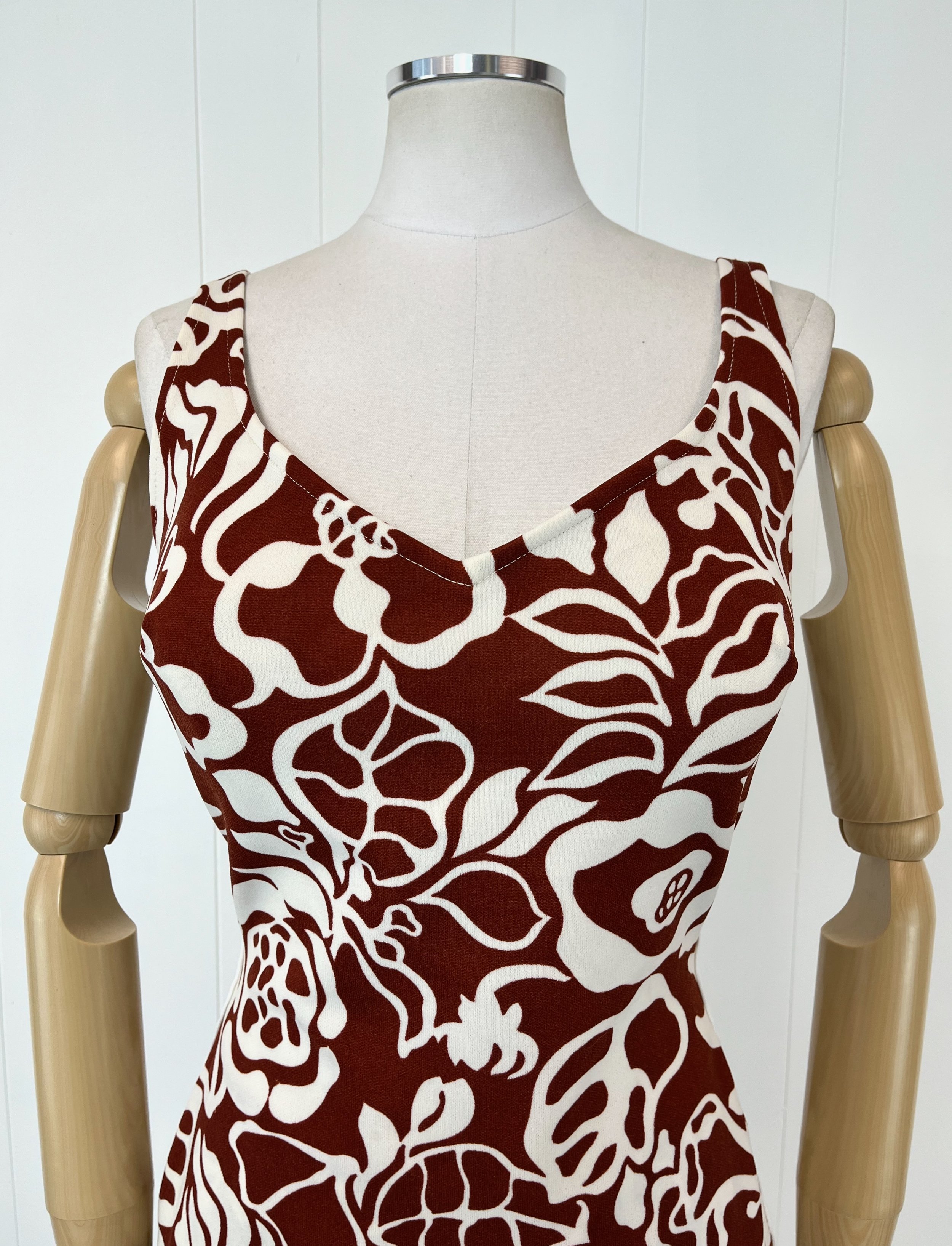 1960s Robby Len Sienna Brown White Floral Print One Piece Pinup Swimsuit  Bathing Suit — Canned Ham Vintage