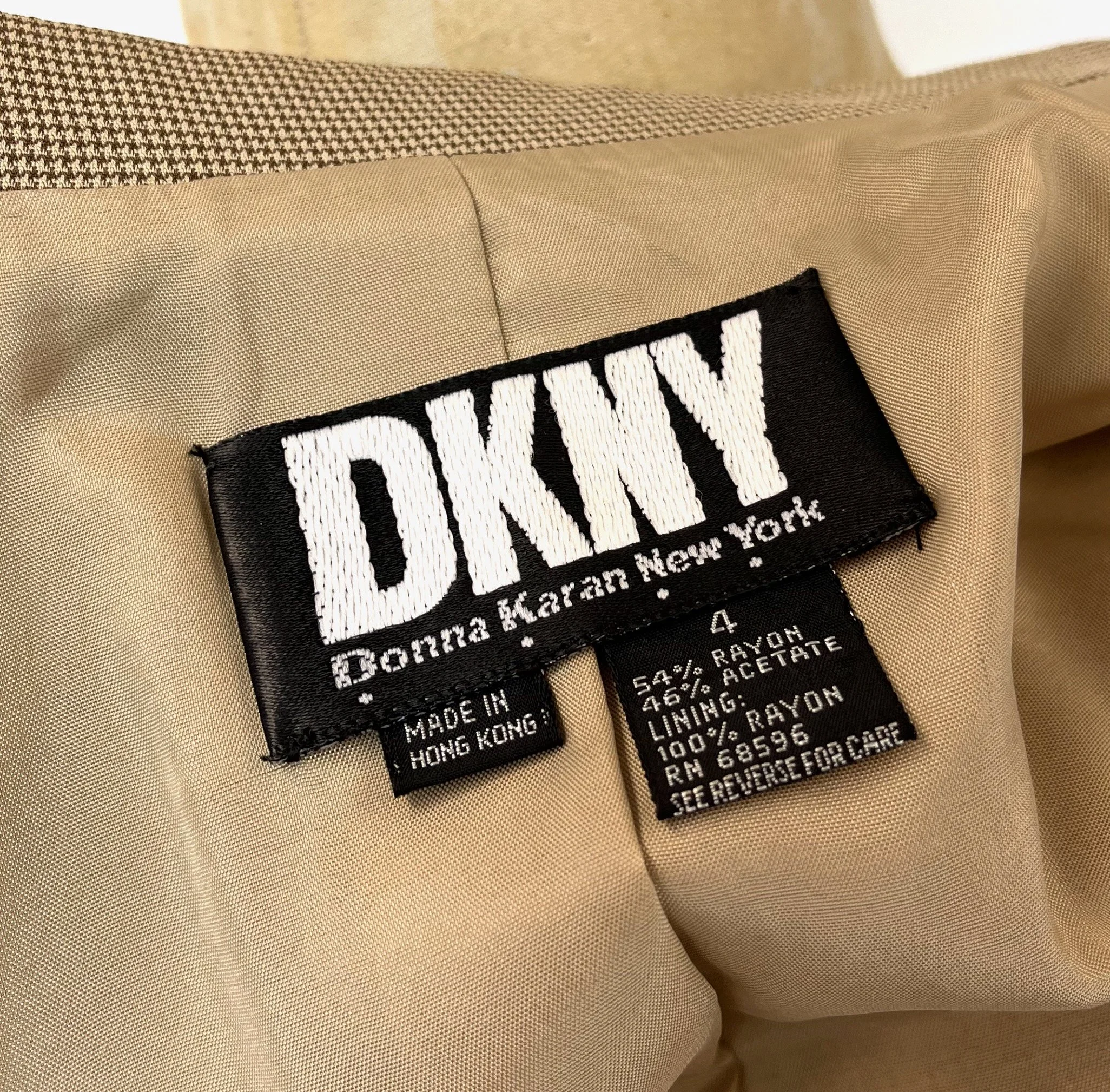 1990s DKNY Donna Karan New York Brown Houndstooth Coat Jacket