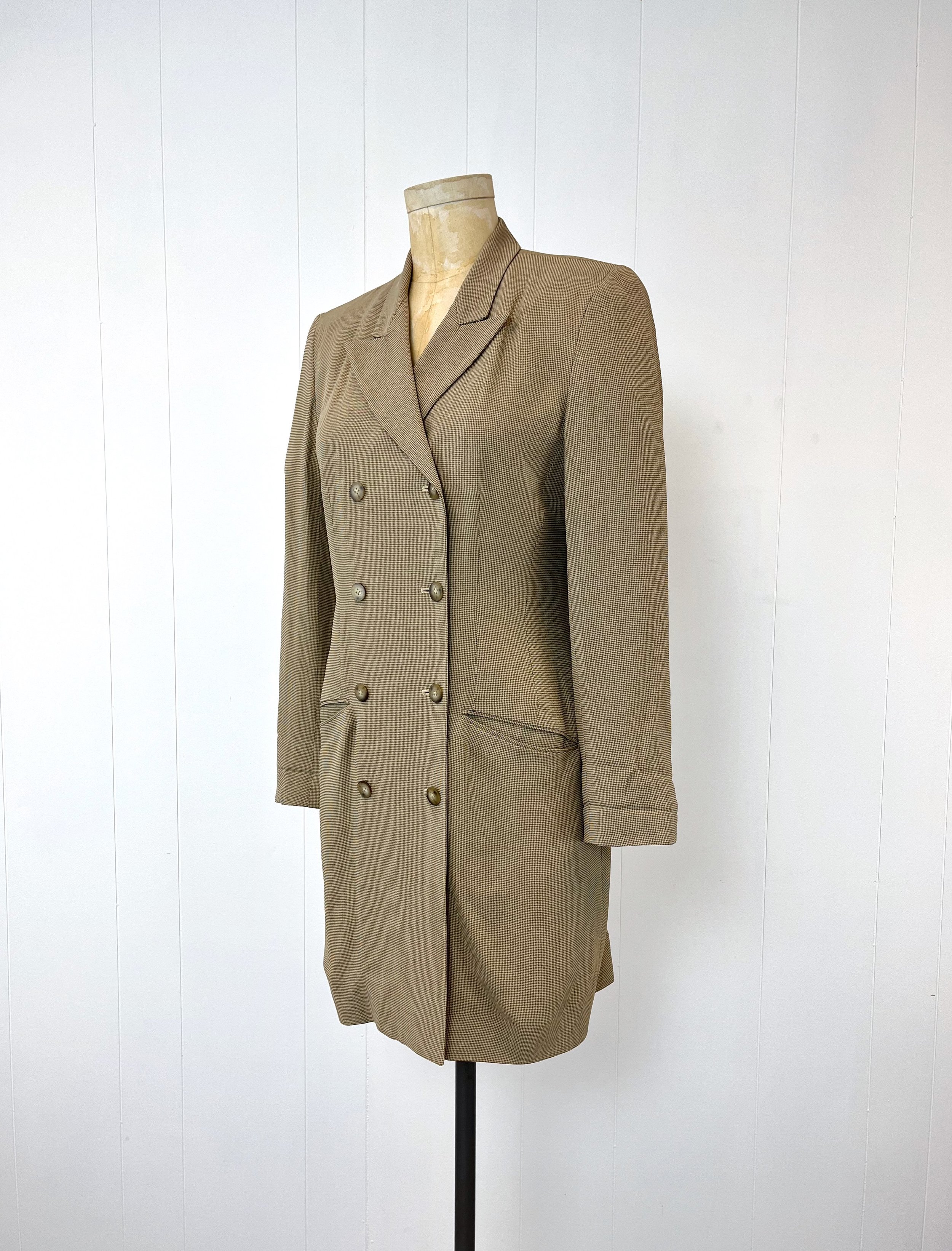 1990s DKNY Donna Karan New York Brown Houndstooth Coat Jacket