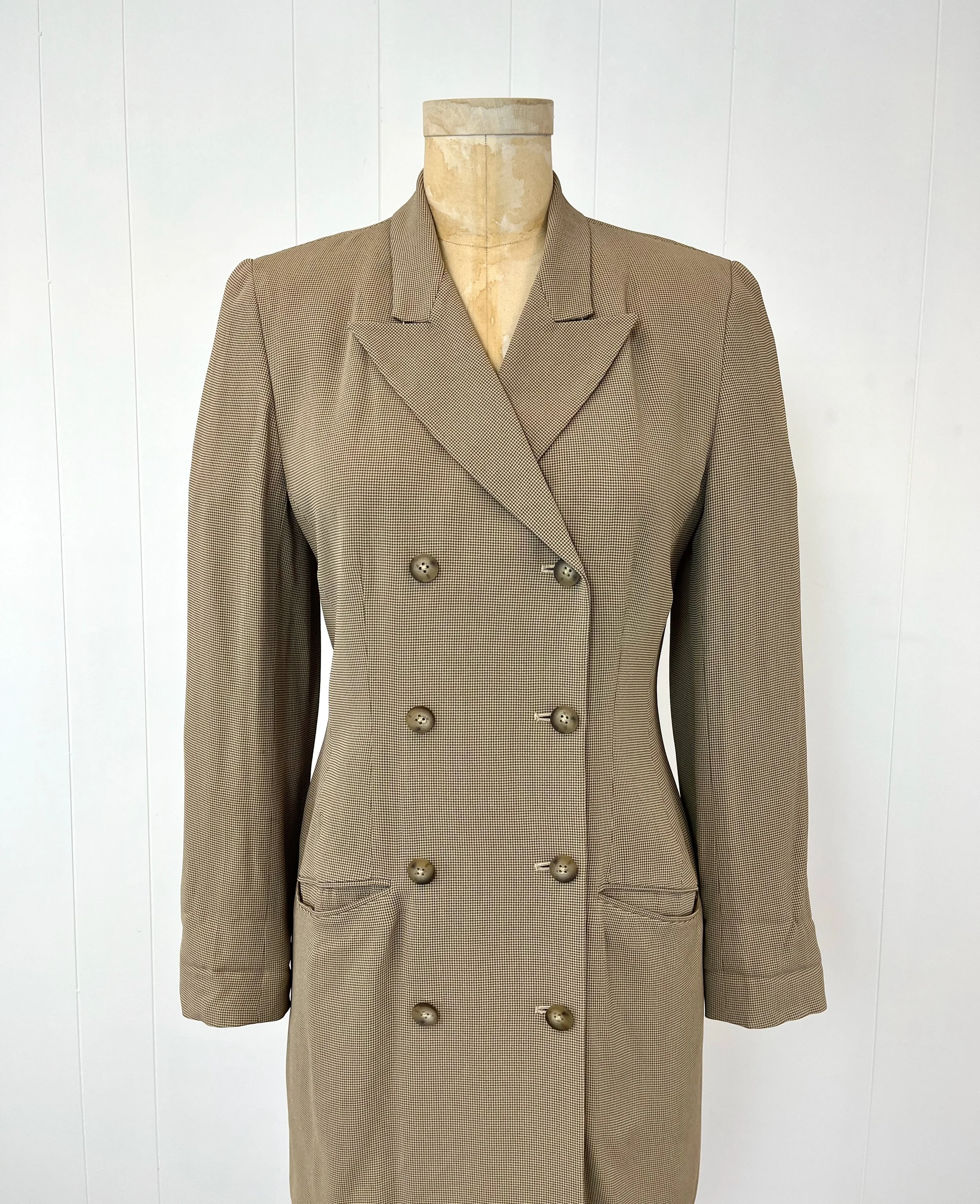 1990s DKNY Donna Karan New York Brown Houndstooth Coat Jacket 