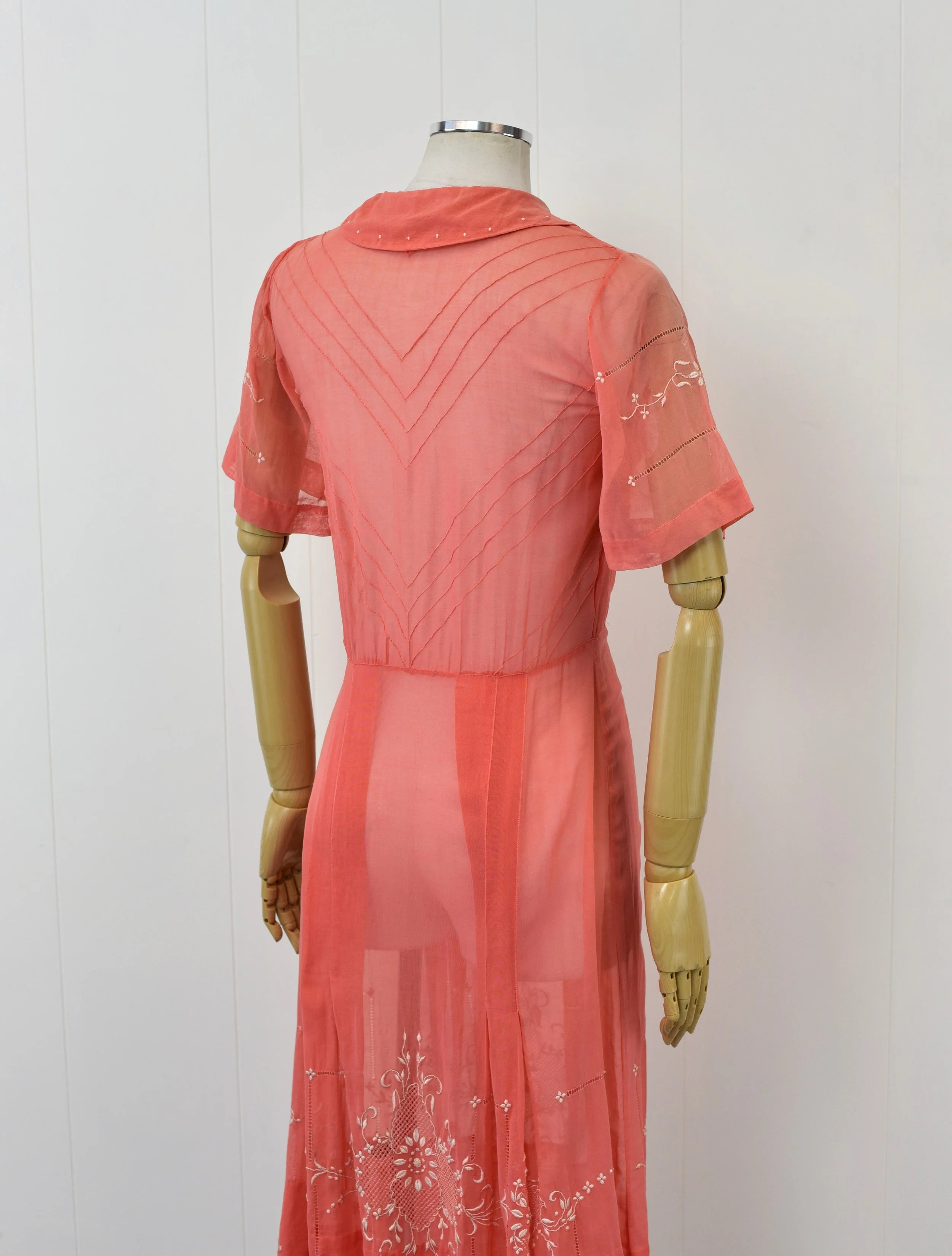 1920s/1930s Embroidered Coral Sheer Cotton Hungarian Folk Peasant